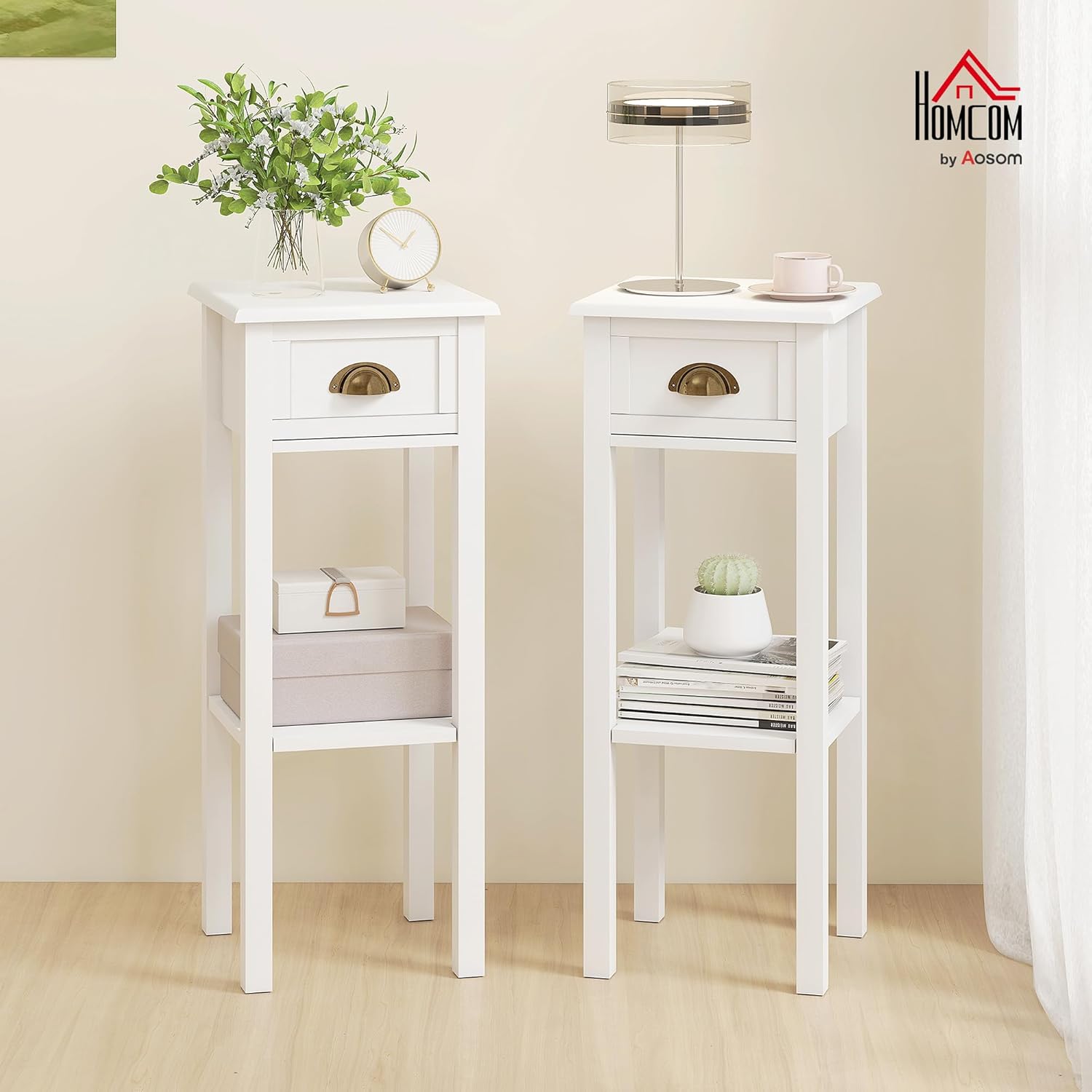 Thumbnail 1 de HOMCOM lot de 2 tables d’appoint avec tiroir et étagère inférieure (style sophistiqué), blanc