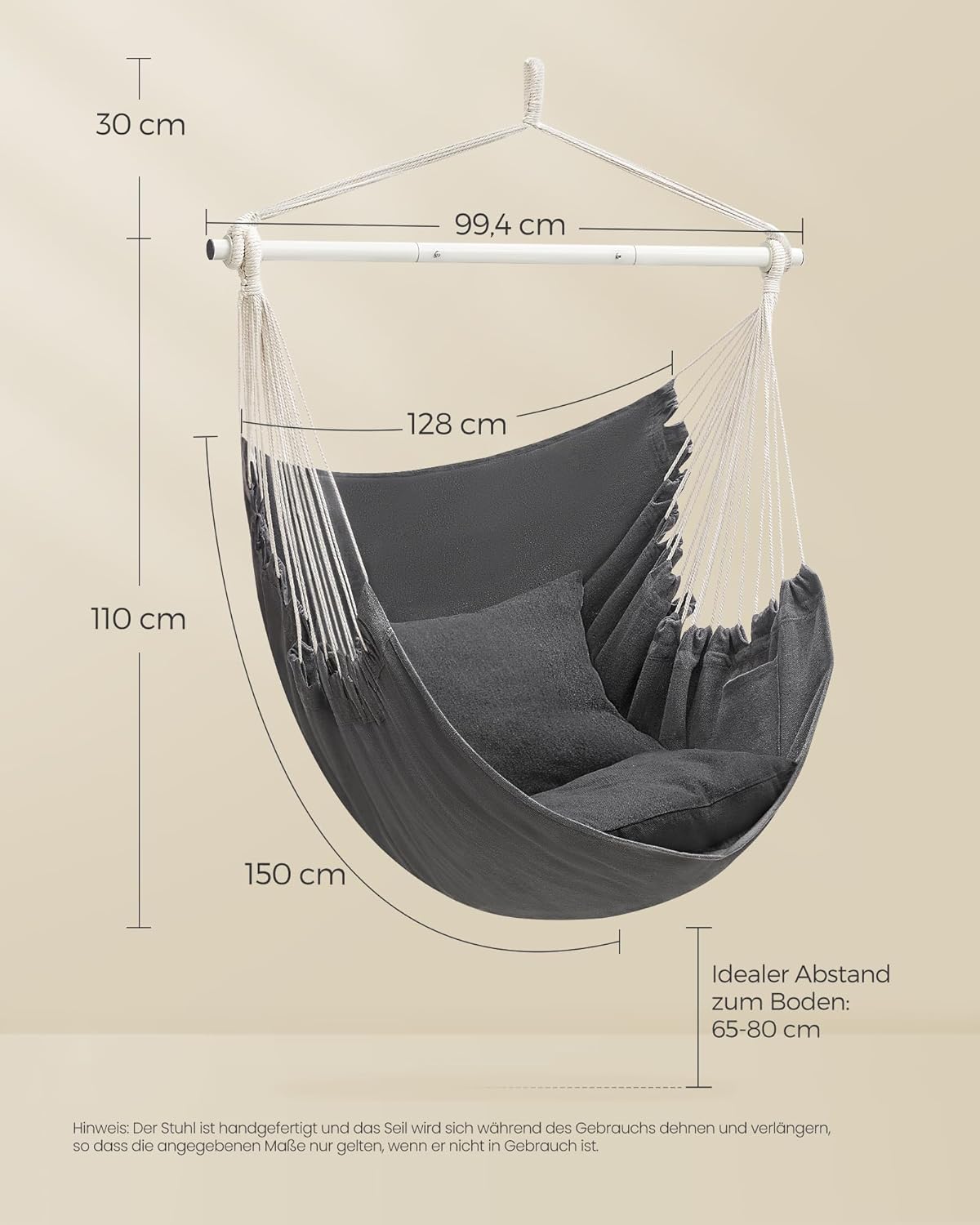 Detalle 2 de SONGMICS Hängesessel GDC197G02 – Boho-Schaukelstuhl mit 2 Kissen, 150 kg Tragkraft, Innen/Außen