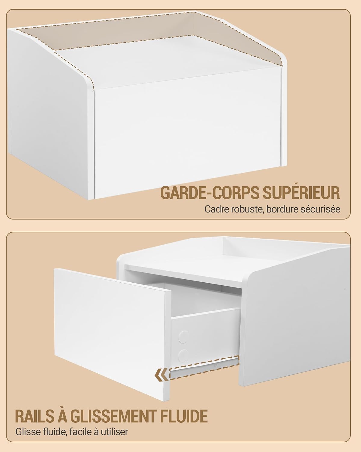 Thumbnail 4 de Hzuaneri NS52203XEU – Lot de 2 tables de chevet suspendues avec LED, 1 tiroir, 30 x 40 x 22,5 cm (blanc)