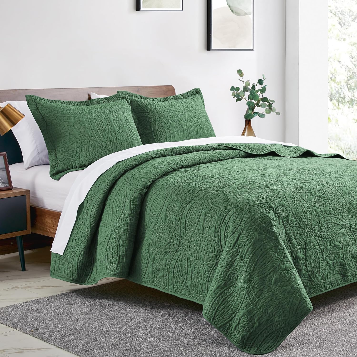 Detalle 2 de Love's cabin HU-XI-201 Twin Quilt Set, Dark Green Microfiber, Coin Pattern