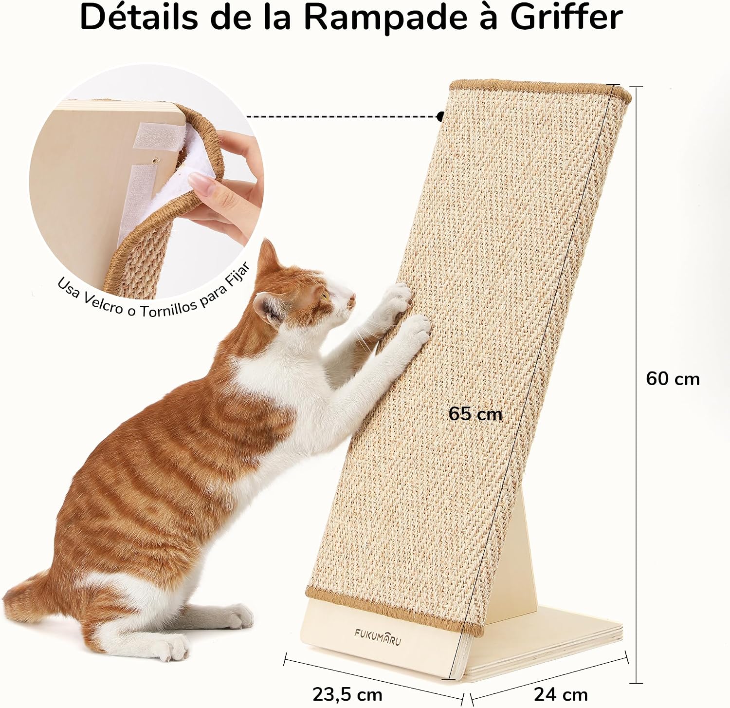 Thumbnail 6 de FUKUMARU Griffoir pour chat 60 cm en sisal naturel avec rampe et tapis interchangeable (cadre en bois robuste forme de L)