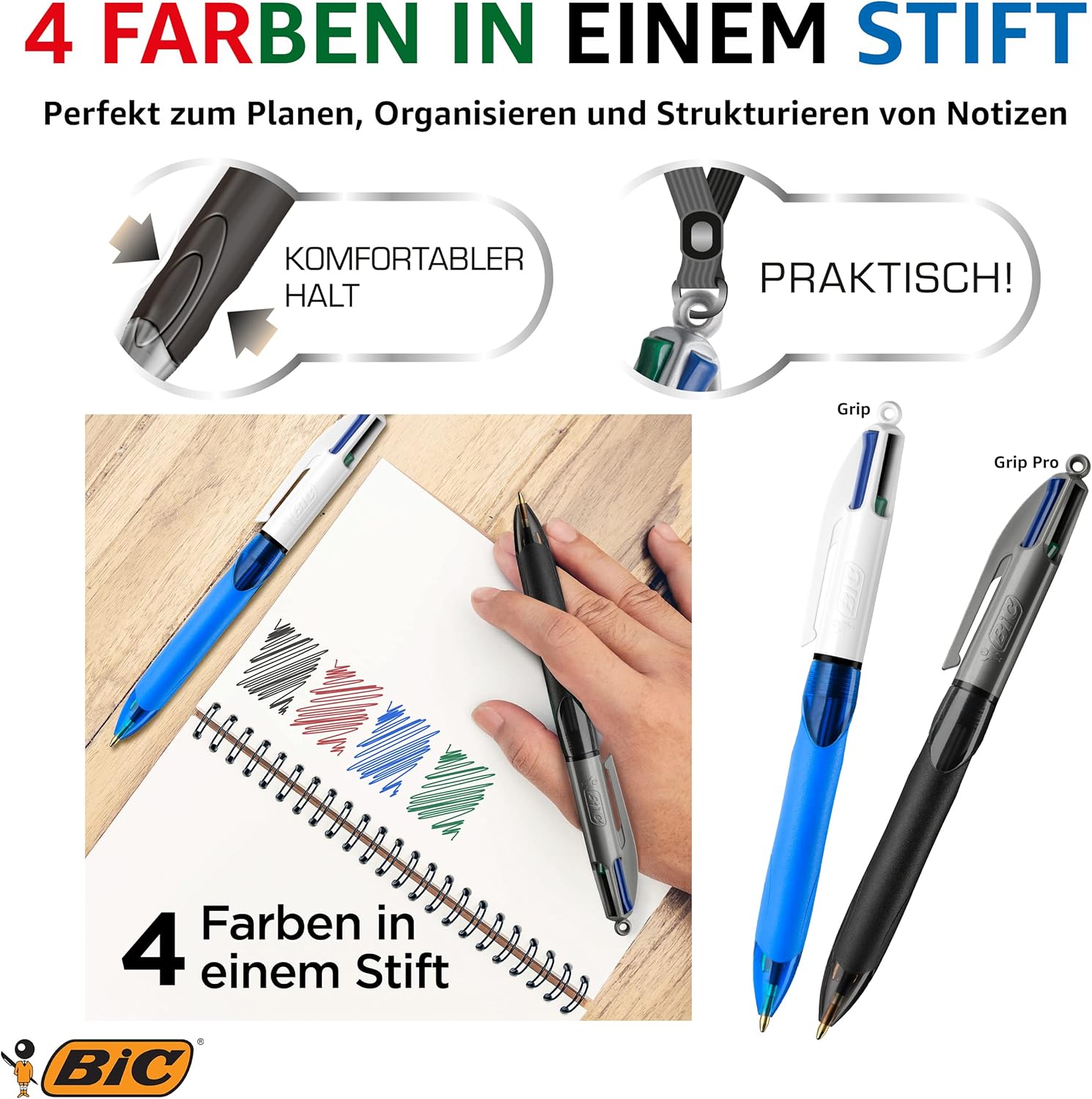 Thumbnail 4 de BIC 4 Colours Grip Pro Retractable Medium Point Pens (1.0 mm) – Felt Tip Style for Everyday Writing