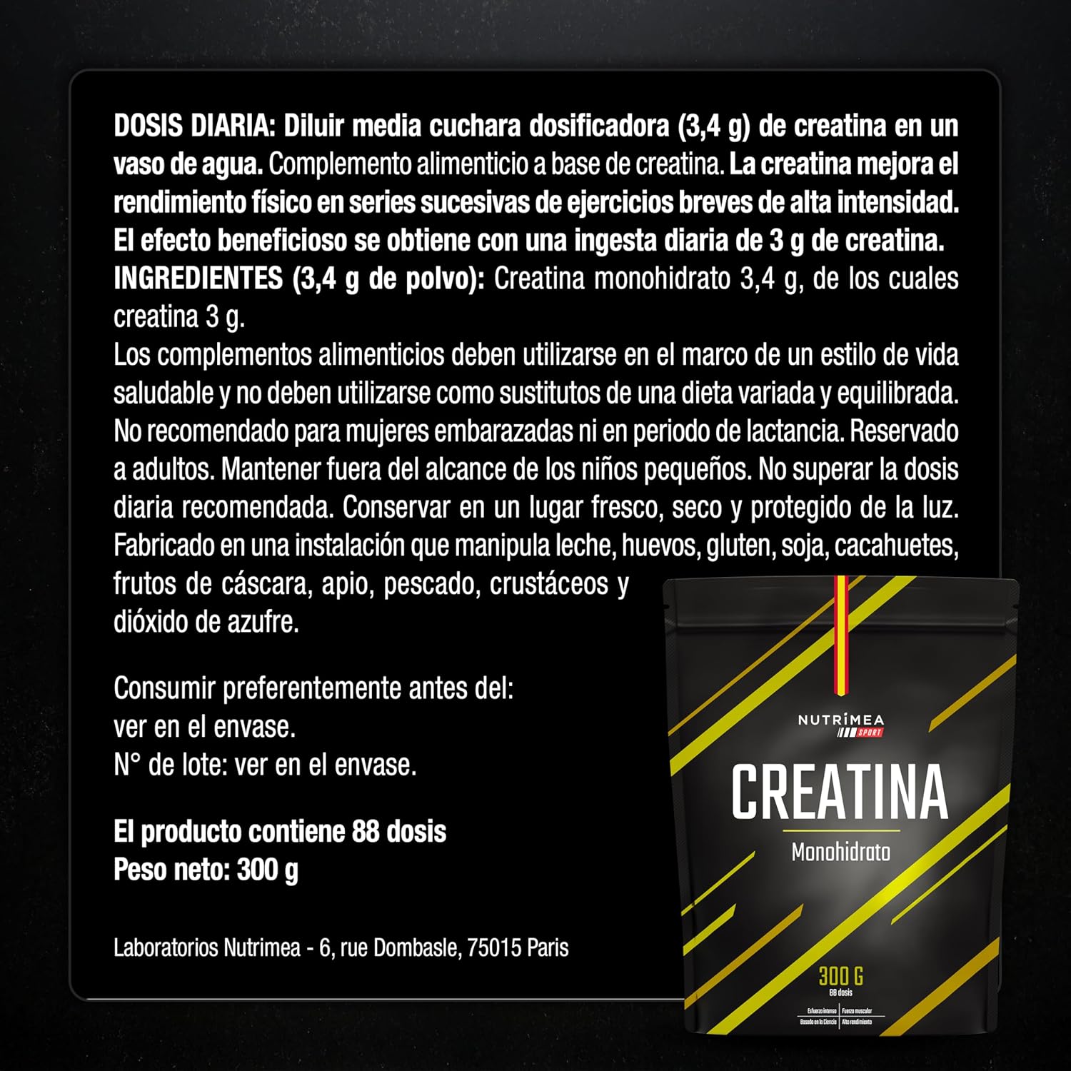 Thumbnail 6 de Creatina Monohidrato 3400 mg | 100% Pura de Laboratoires Nutrimea — 300 g, 88 dosis