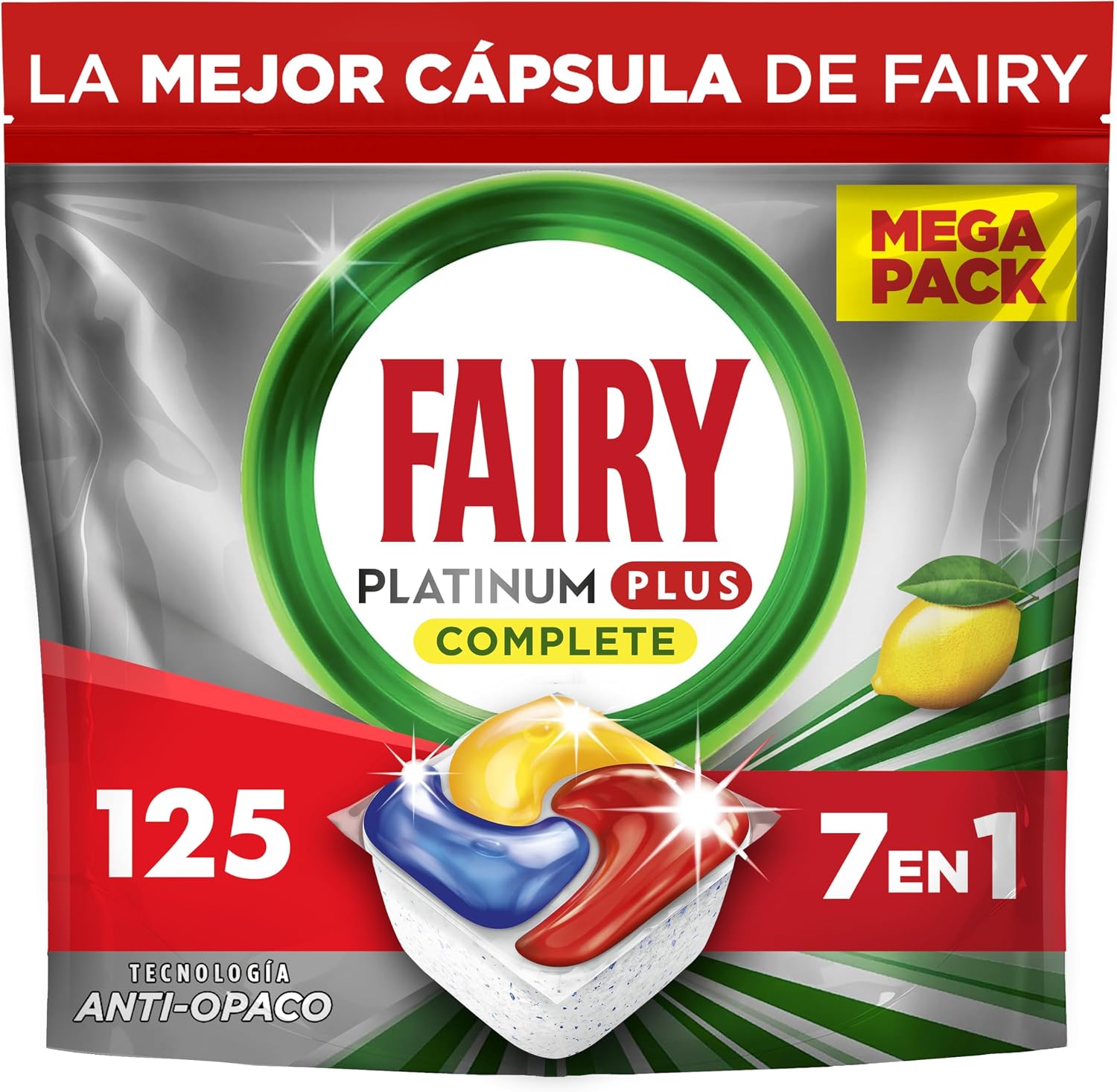 Detalle de Fairy Platinum Plus Limón - 125 Cápsulas Todo en Uno 🍋
