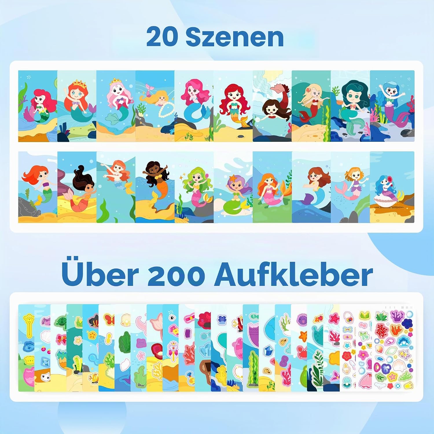 Detalle de YPLUS Mermaid Stickerbuch – Kreatives Stickerbuch mit Meerjungfrauen, Malvorlagen und Wachsmalstiften