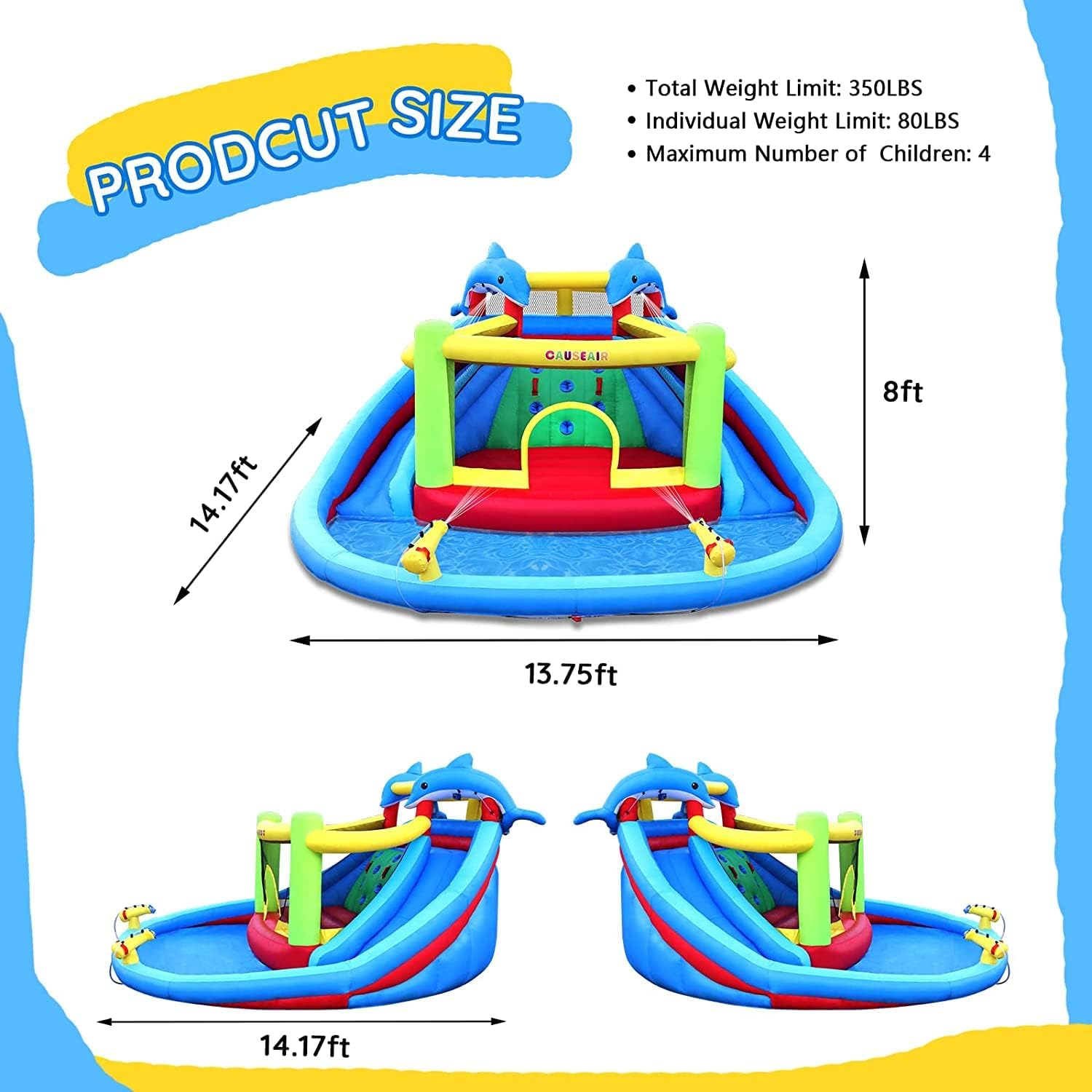 Detalle de Causeair Inflatable Bounce House with Slide (Dolphin Style) – Water Fun for Kids