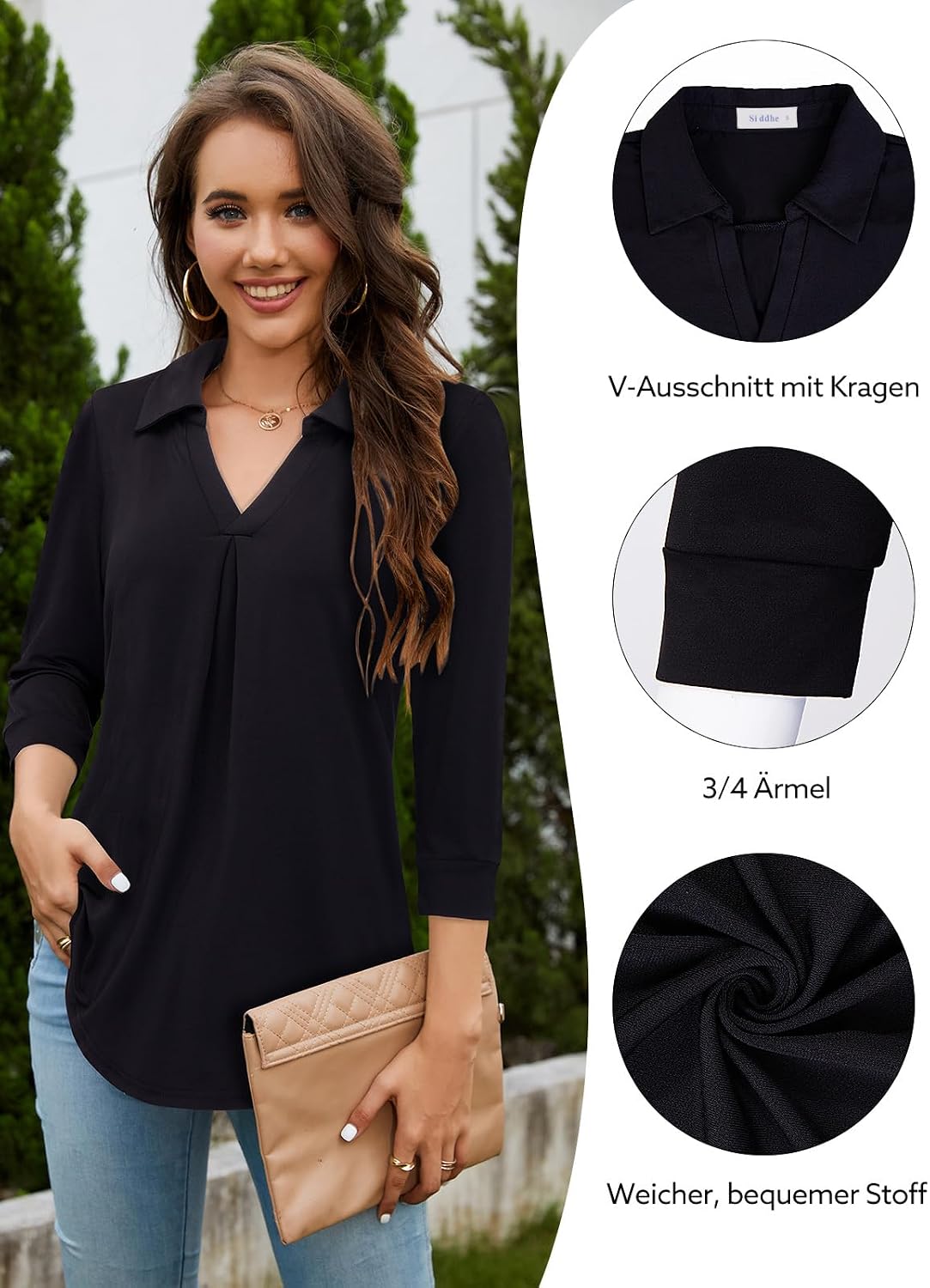Detalle de Siddhe Damen V-Ausschnitt Bluse mit 3/4-Ärmeln – Tunika-Longshirt im lockeren A-Linien-Stil