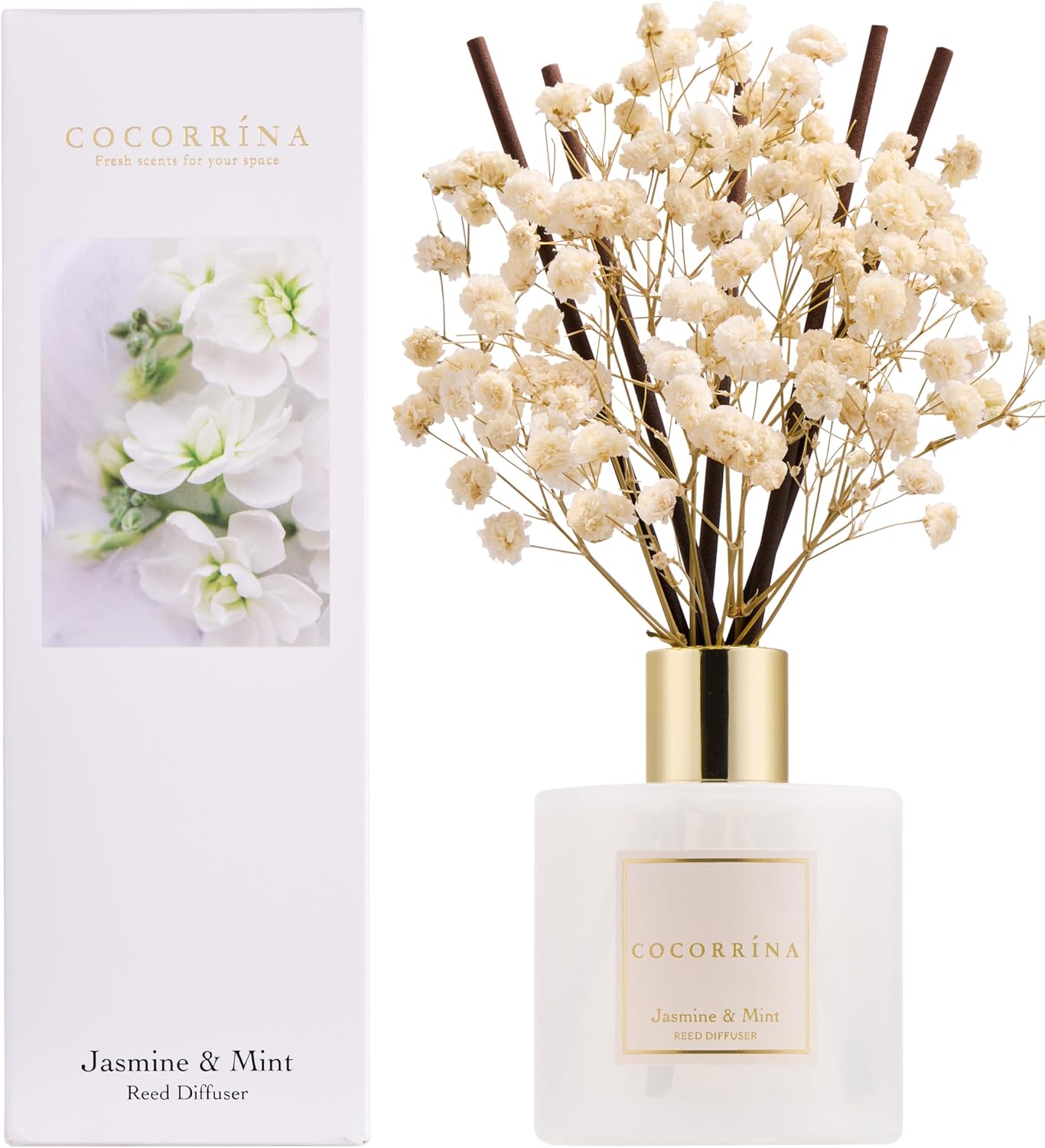 Detalle de COCORRÍNA Raumduft Reed Diffuser Jasmine & Mint 200 ml – langanhaltend, mit 8 Duftstäbchen