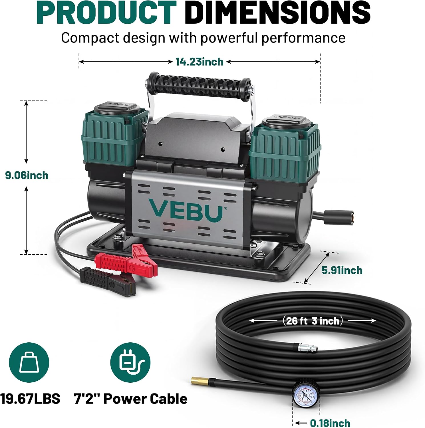 Detalle de VEBU Heavy Duty 12V Tire Inflator, Dual-Cylinder 125 PSI Compressor