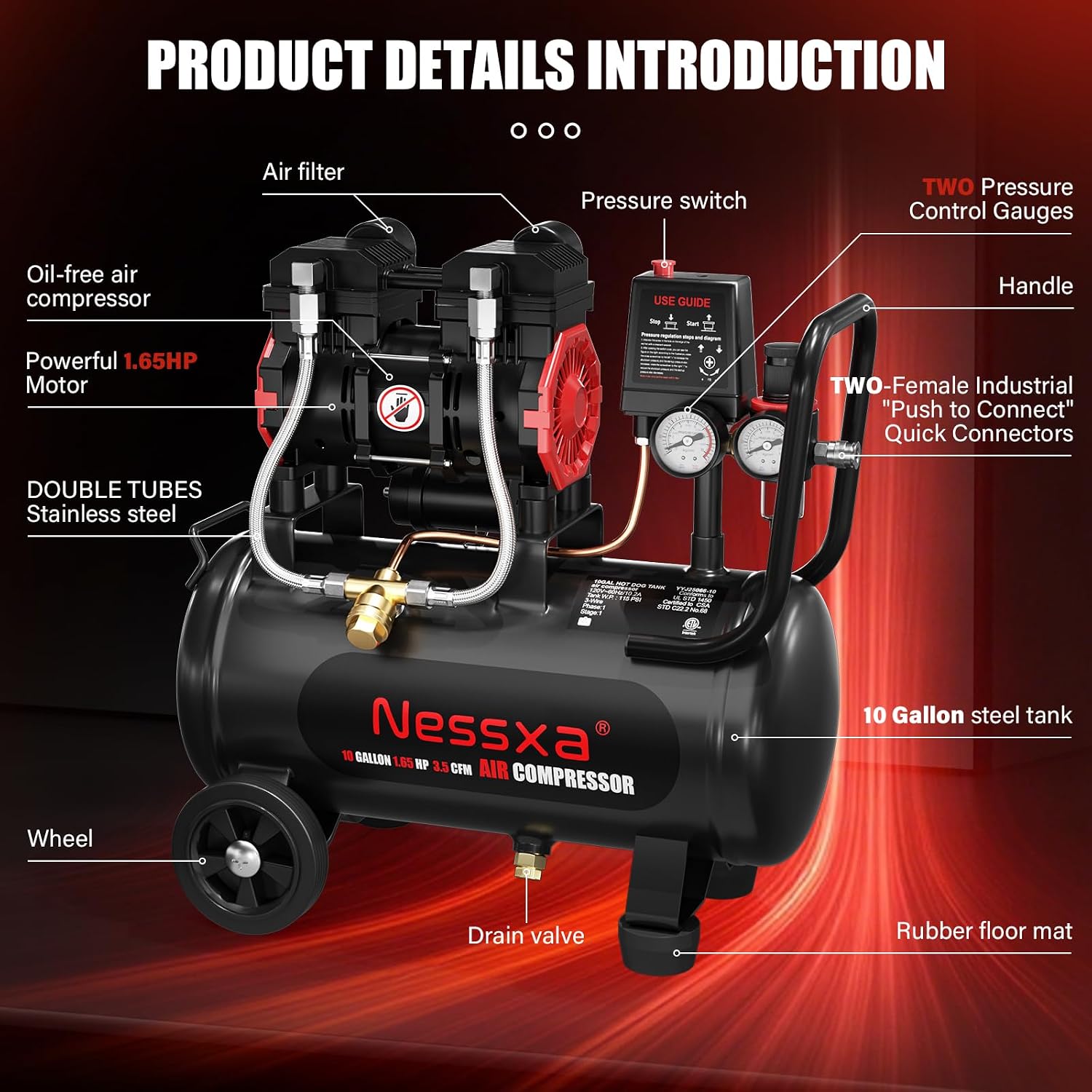 Thumbnail 3 de 10 Gallon Ultra Quiet Oil-Free Air Compressor (1.65HP, 3.5 CFM @ 115 PSI, 70dB) with Two Quick Couplers