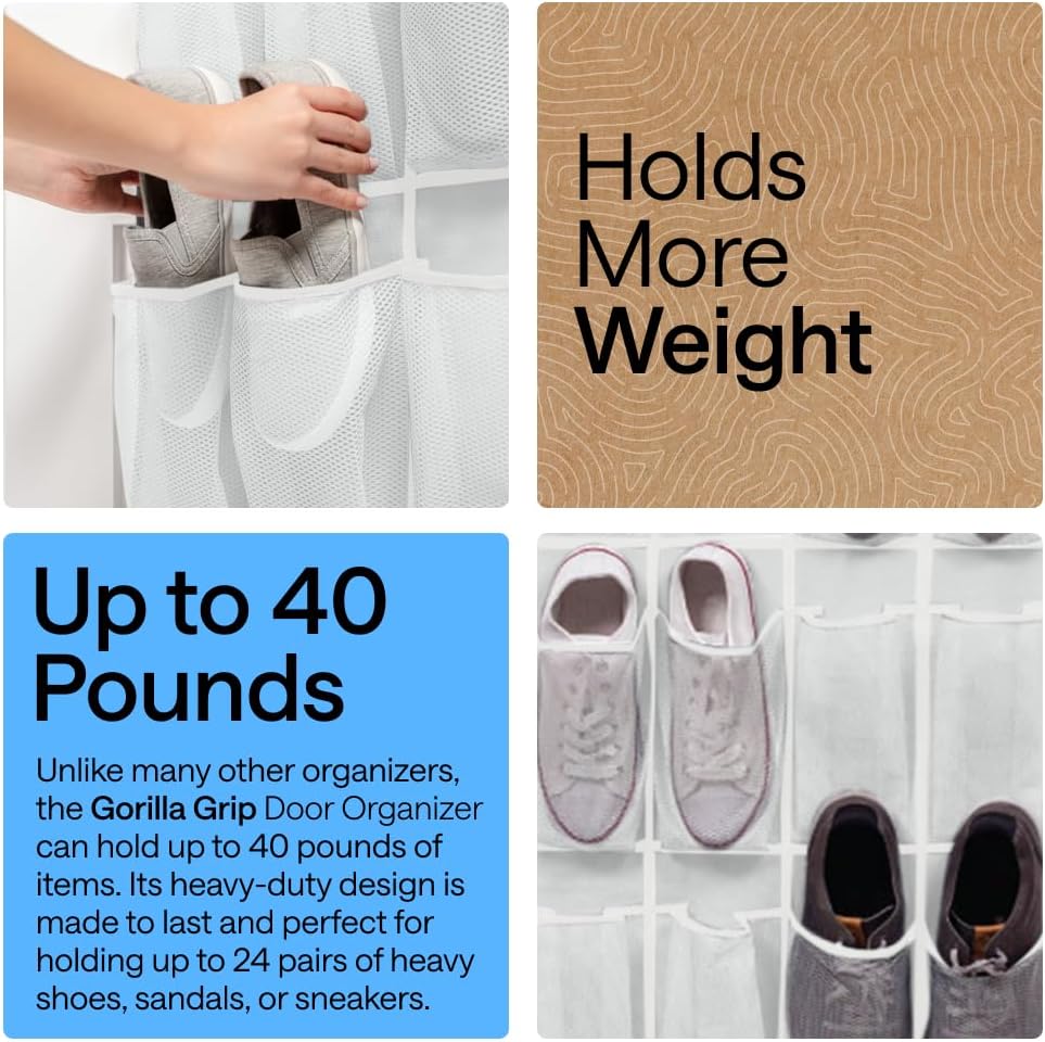 Detalle de Gorilla Grip Over-the-Door Shoe Organizer (24 Mesh Pockets) — White, up to 40 lbs