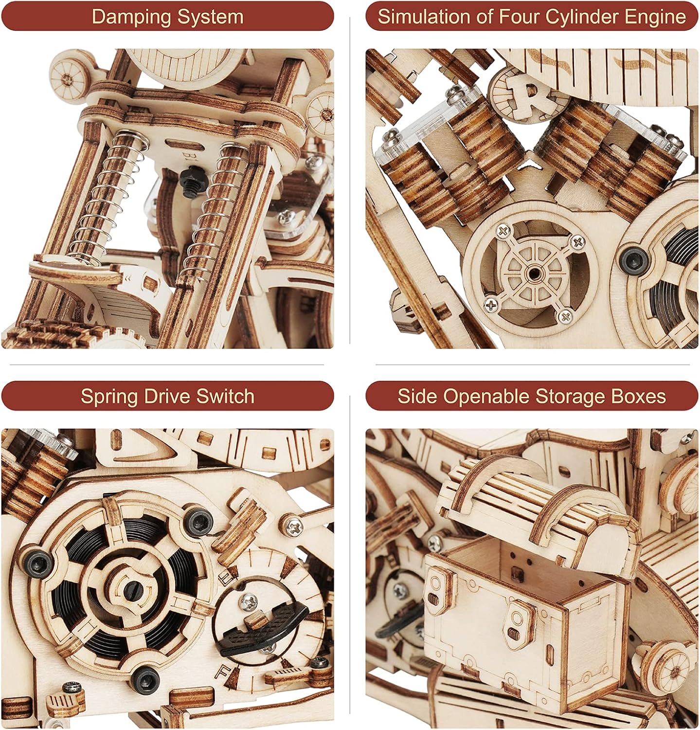 Detalle de ROBOTIME LK504 : Maquette 3D Motocyclette en bois, puzzle mécanique (420 pièces)