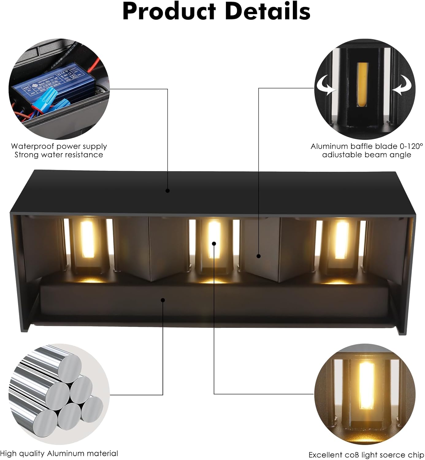 Detalle de Cwycfw 36W Applique da Esterno – Fascio Regolabile IP65, 3000K Bianco Caldo