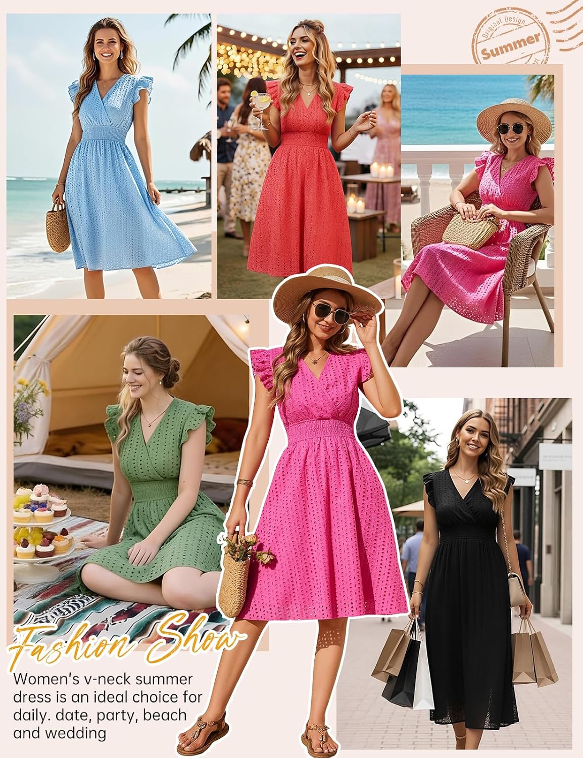 Detalle 2 de PASUDA Sommerkleid Damen Baumwolle – V-Ausschnitt, Rüschenärmel, Wickelbund mit Taschen