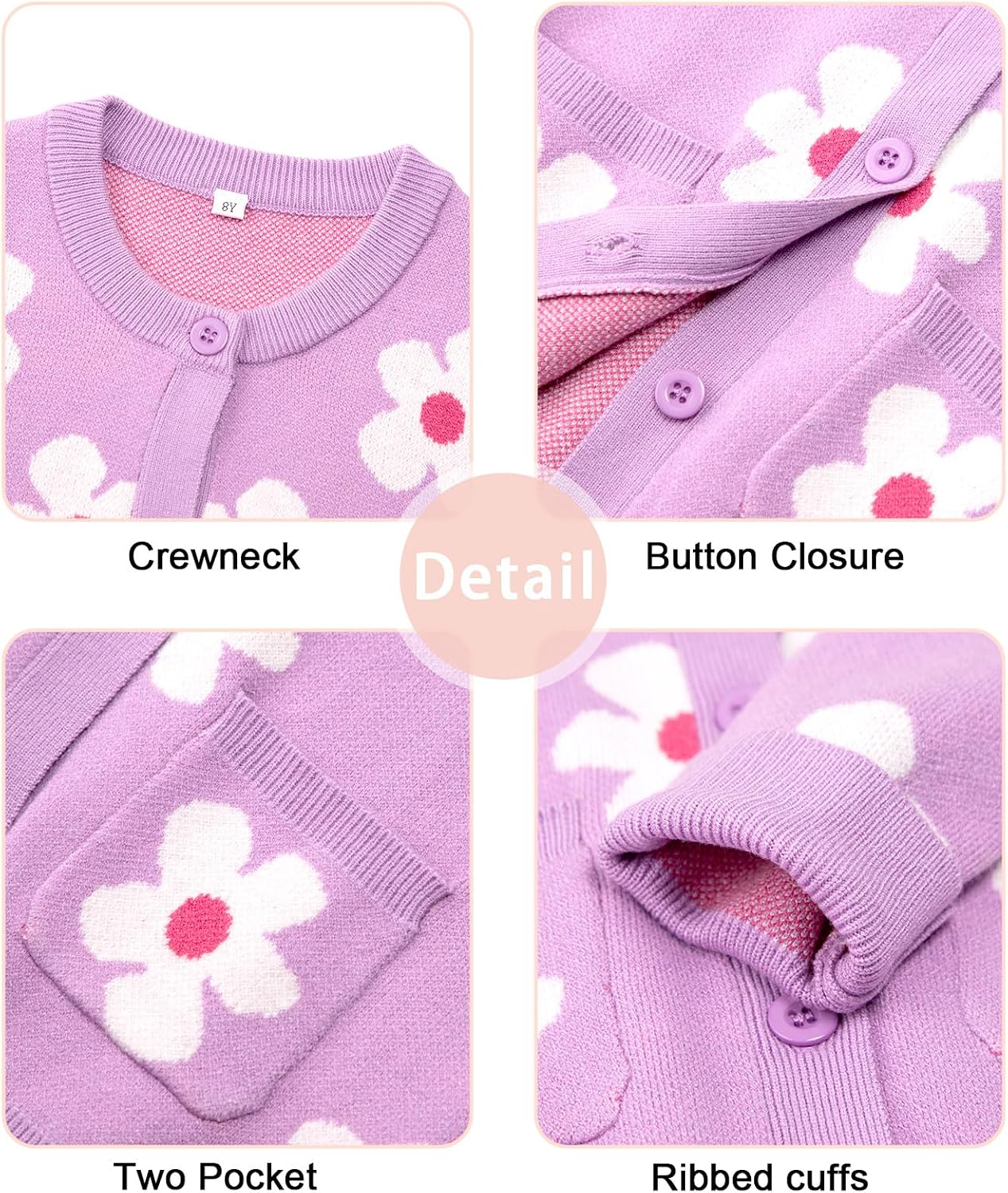 Detalle de HOZIY Girls’ Knit Cardigan Sweater, Long Sleeve, Button-Front, Two Pockets