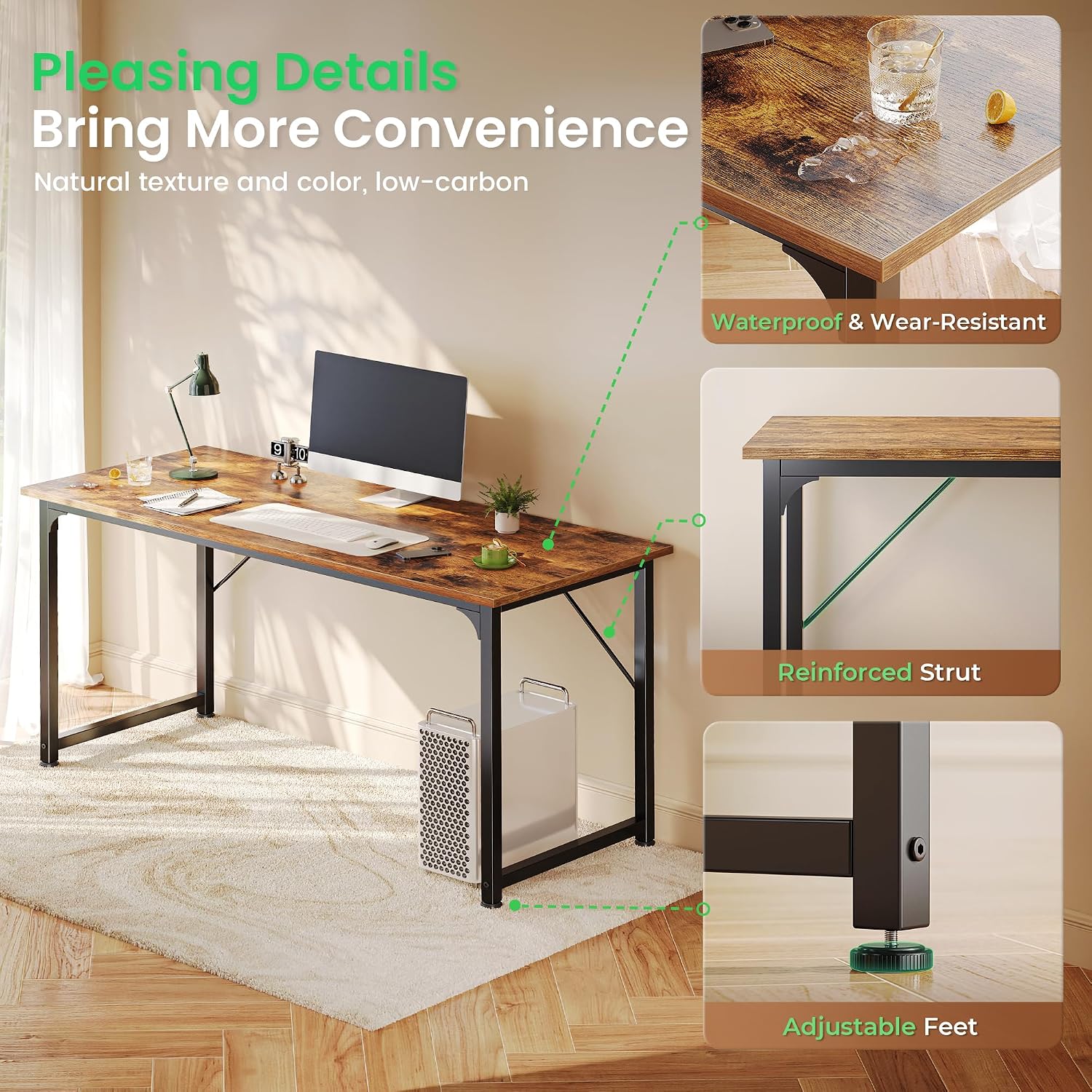 Detalle 1 de Huuger Rustic Brown Computer Desk with Metal Frame and Spacious Worktop