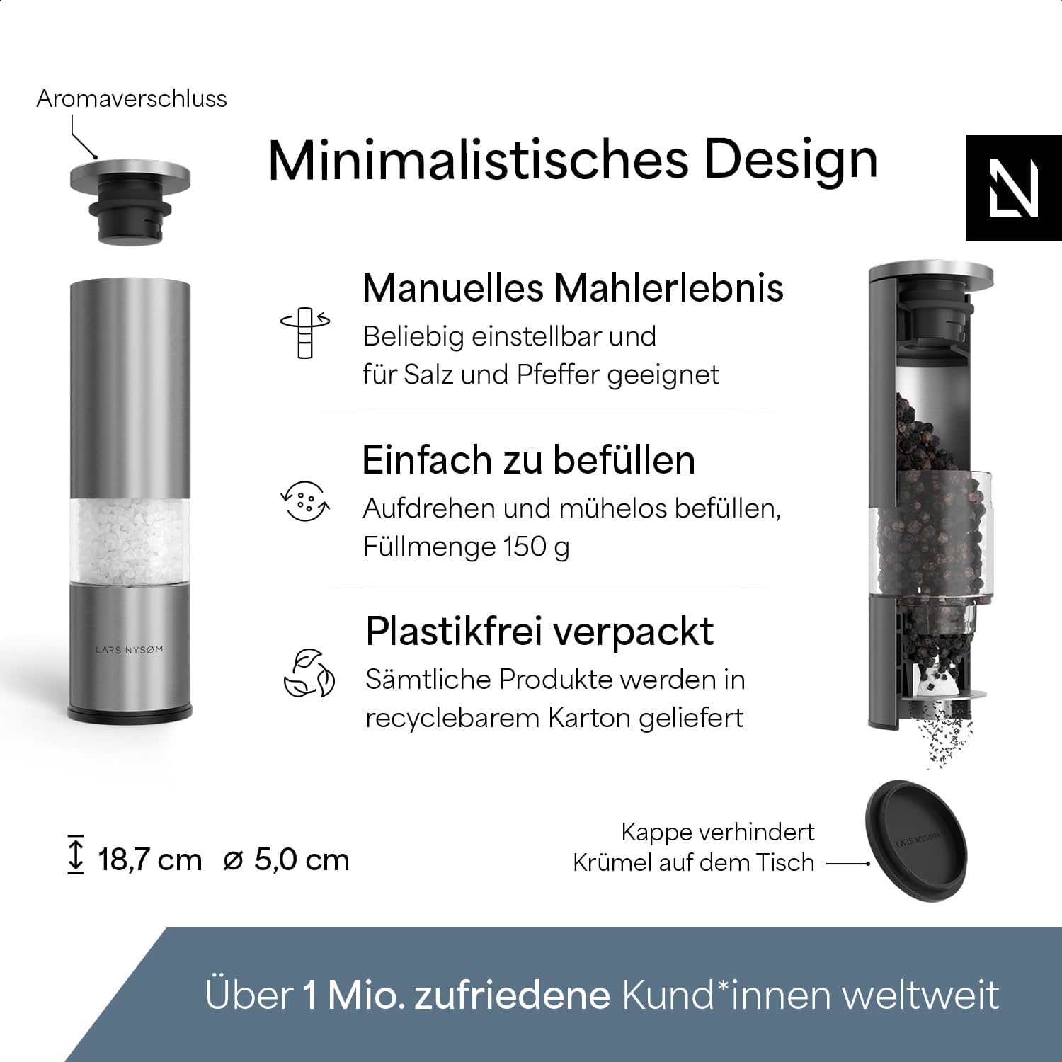 Thumbnail 3 de LARS NYSØM Salz- und Pfeffermühle Set „Lagom“ manuell (2 Stück) mit Keramikmahlwerk aus Edelstahl