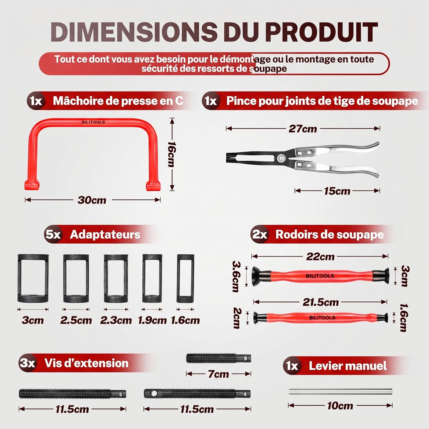 Detalle de BILITOOLS Compresseur de ressort de soupape – kit 13 outils avec pince à joint de tige et rodoirs