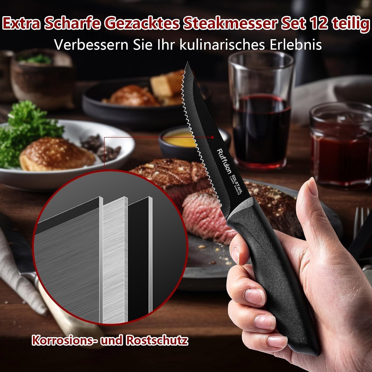 Thumbnail 3 de Ruffulon Profi Steakmesser-Set 12-teilig mit Wellenschliff, Edelstahl – schwarz