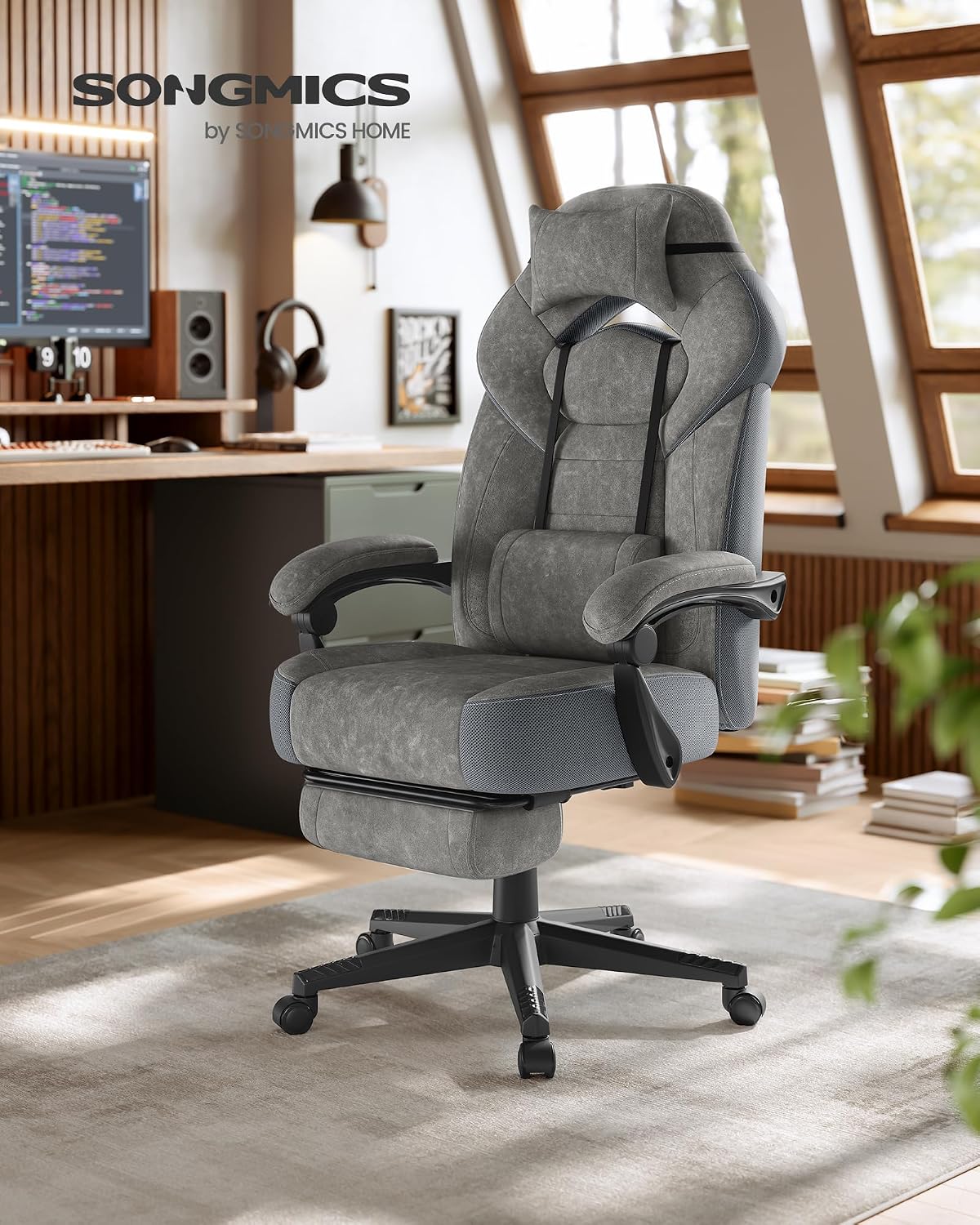 Detalle 2 de SONGMICS Gaming-Stuhl, Bürostuhl, Computerstuhl mit Fußstütze und ergonomischem Design (OBG077G01) – schiefergrau