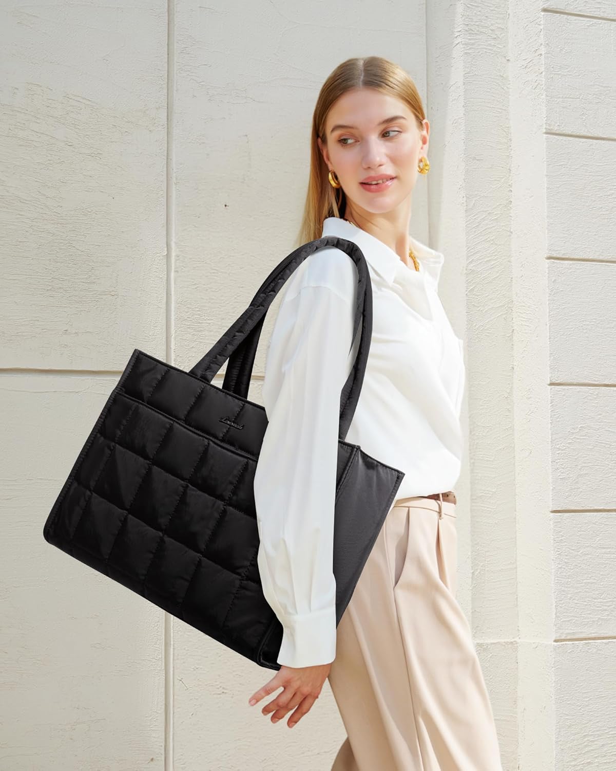 Detalle 2 de LOVEVOOK Laptop Tote Bag for Women: 15.6-Inch Puffer Tote with Built-In Water Bottle Pocket