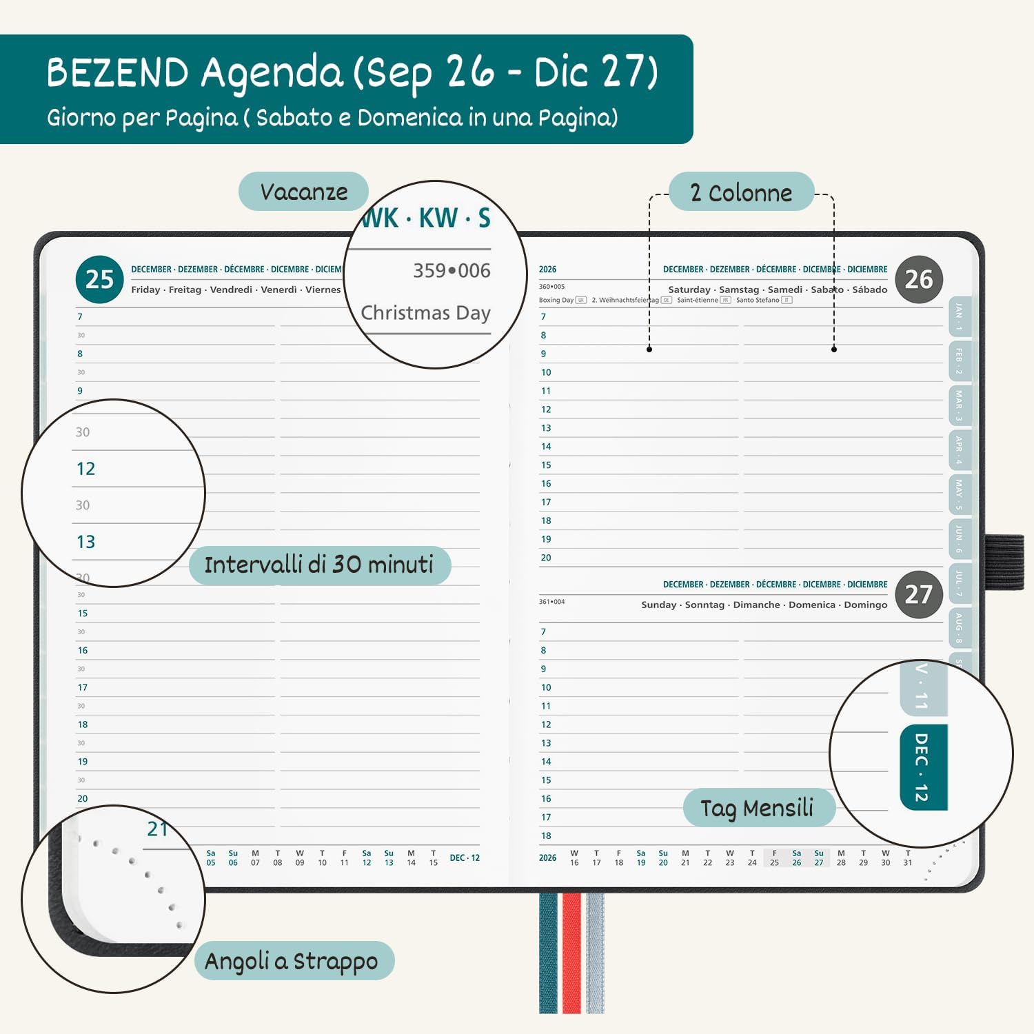 Detalle de BEZEND Agenda 2026/2027 Giornaliera B6 17x12 cm, Copertina in Pelle PU Verde Scuro, 16 mesi