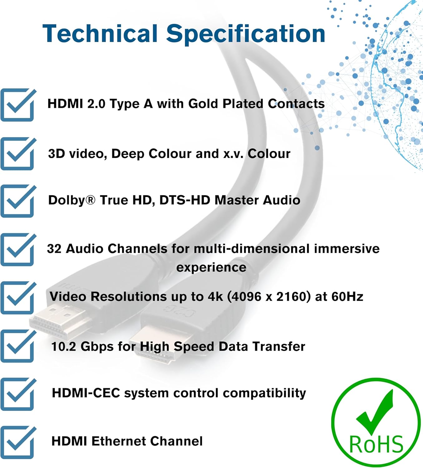 Thumbnail 3 de C2G 56783 High Speed HDMI-Kabel mit Ethernet – 4K 60 Hz, HDMI 2.0, vergoldet, 1,8 m