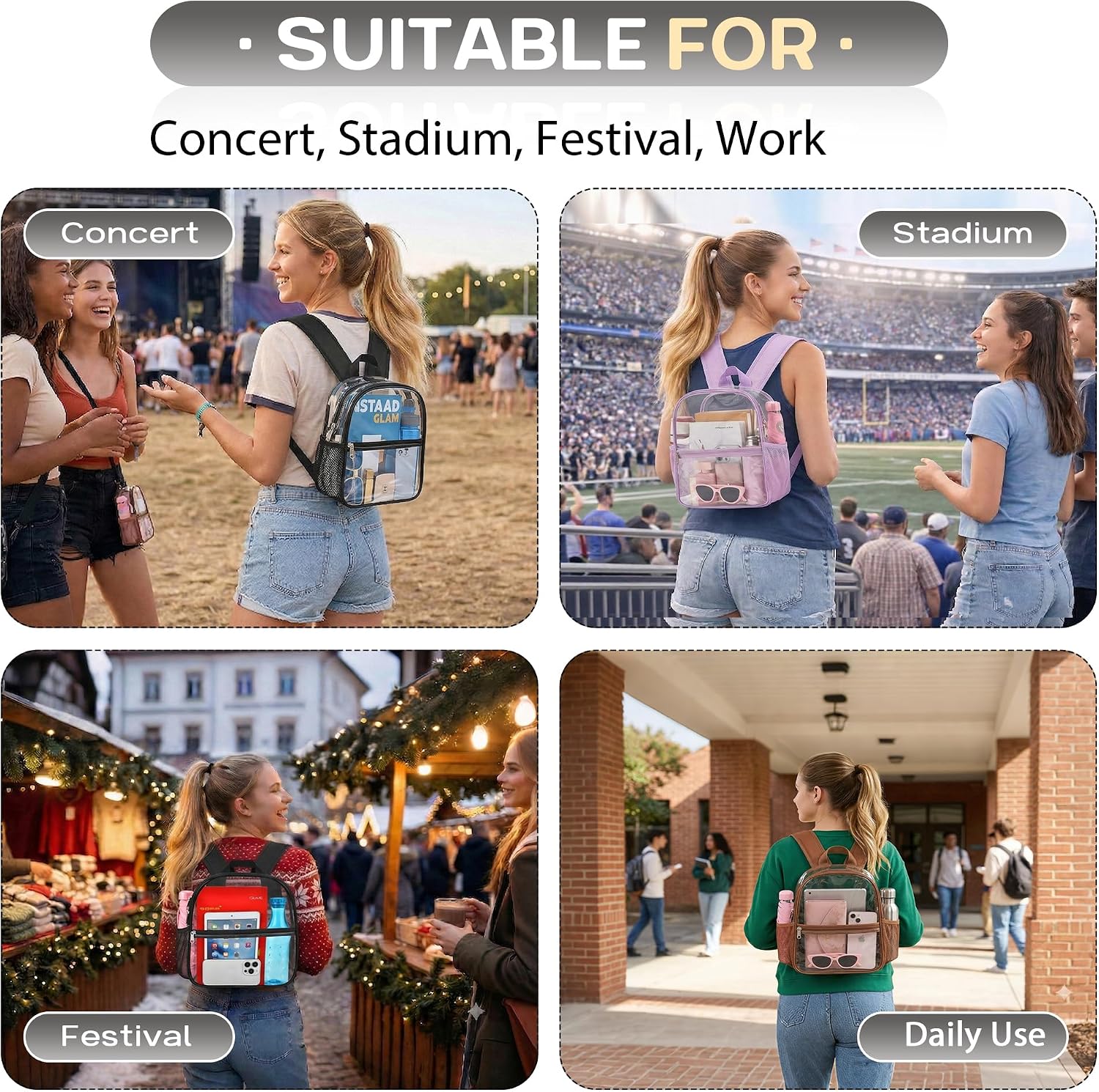 Thumbnail 5 de Oraben Clear Backpack Stadium Approved (12 x 6 x 11 in) — Small Transparent PVC Bag for Events & Travel