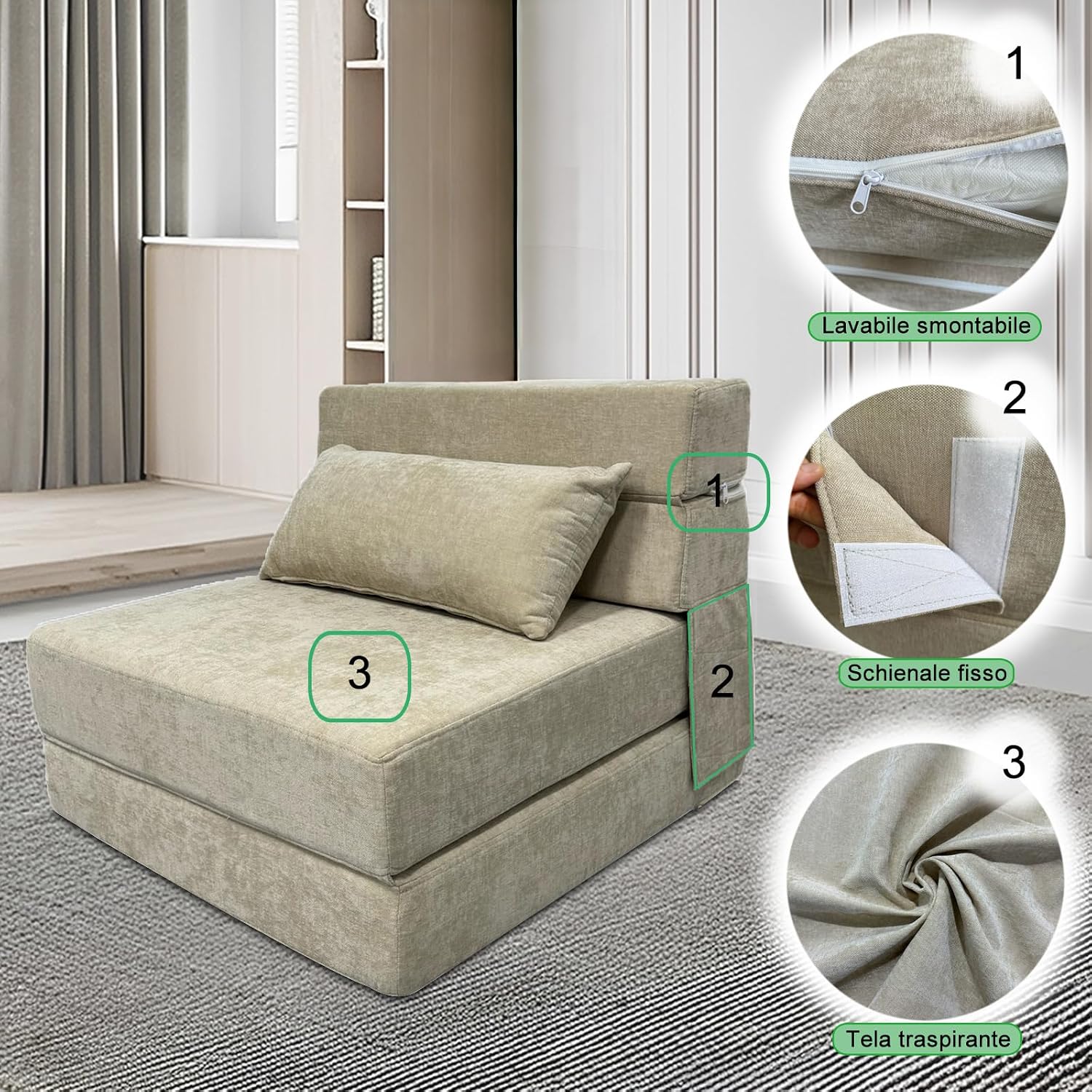 Thumbnail 5 de ANONER 70 x 190 Divano letto pieghevole Beige 🛋