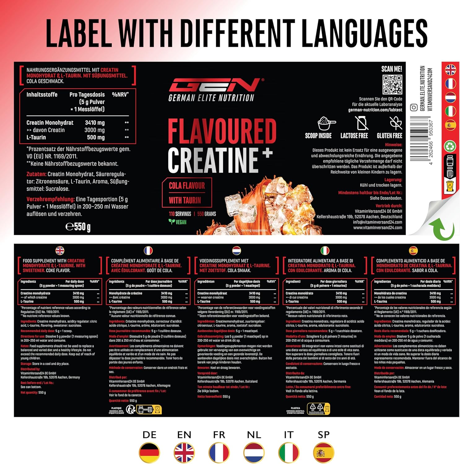 Thumbnail 6 de Flavoured Creatine Pulver (550 g) – Creatin Monohydrat + L-Taurin, mikronisiert, vegan (Cola)