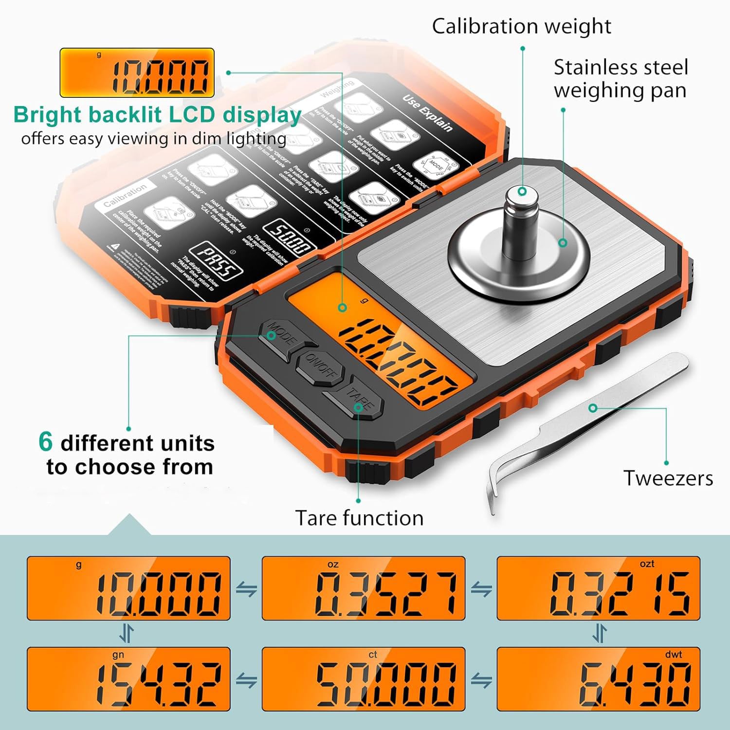 Detalle de ORIA precisionsfickvåg 50 g/0,001 g i rostfritt stål, orange