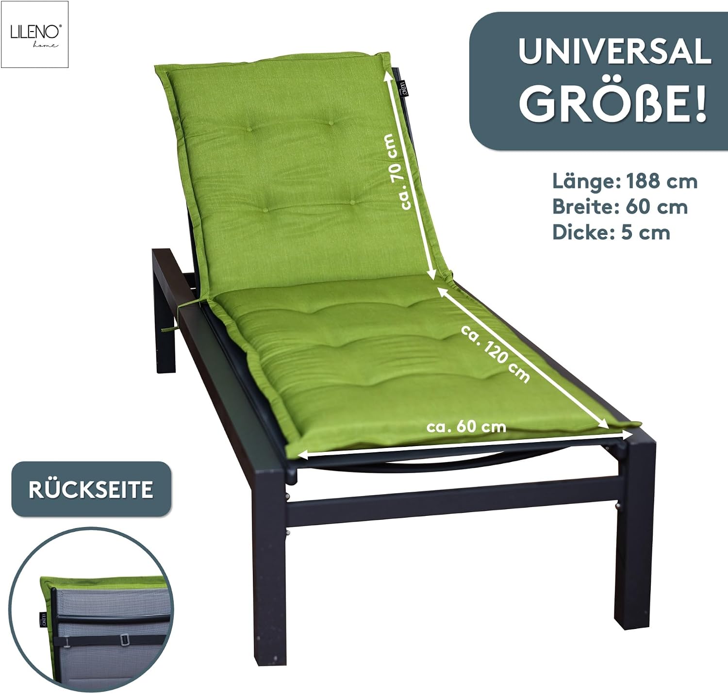 Detalle 2 de LILENO HOME gelb gestreiftes Kissen für Garten- und Strandliege, gepolstert, 188 x 60 x 5 cm