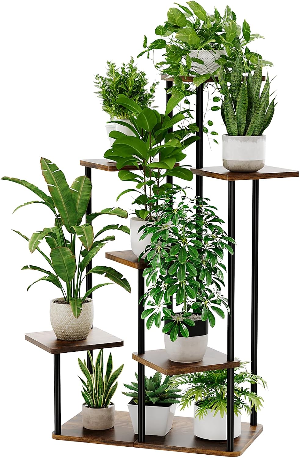 Detalle 2 de Bamworld Blumenständer mit Pflanzenlampe – 5-stufiges Regal aus Metall & Holz mit LED-Beleuchtung