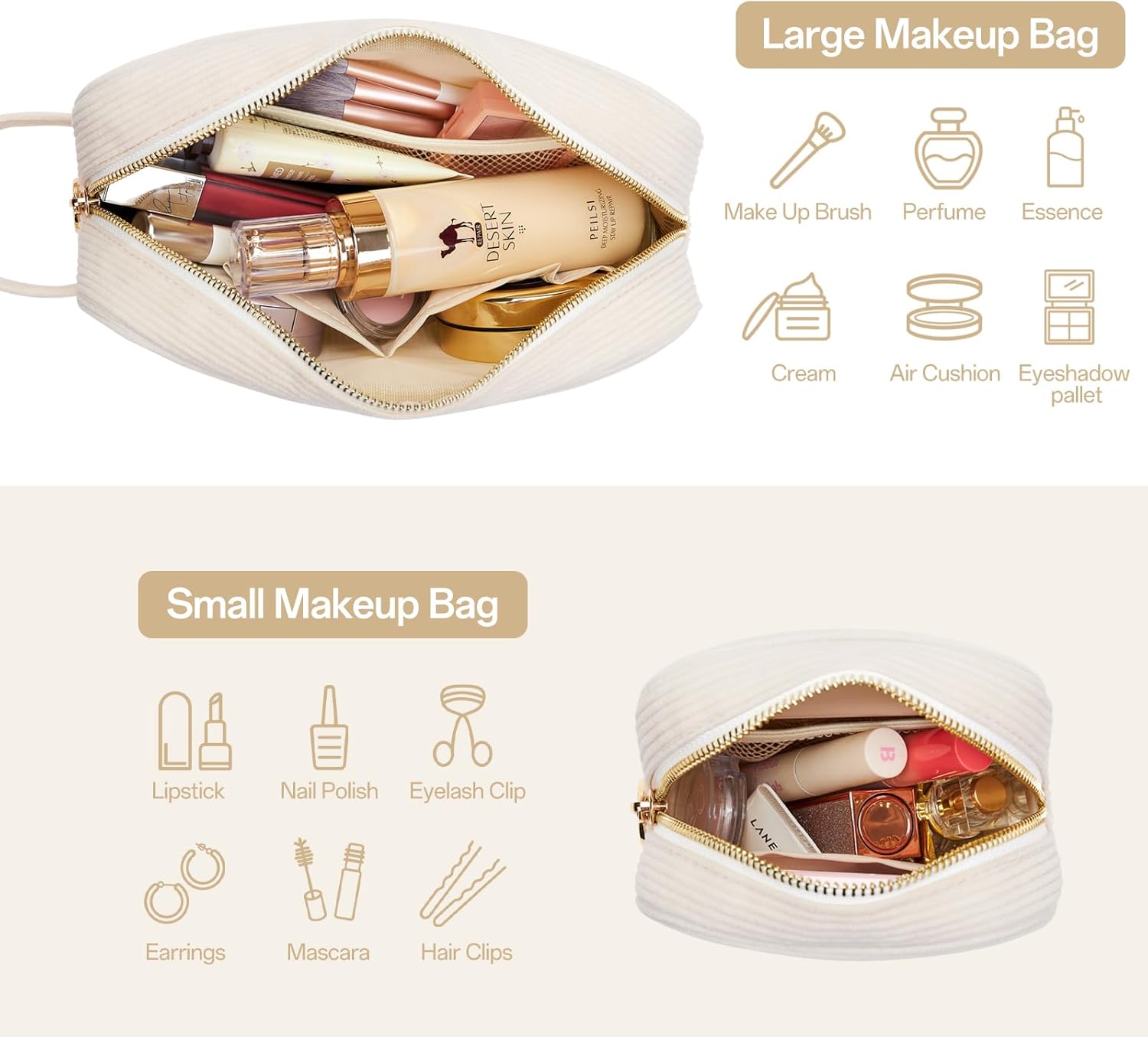 Detalle de KALIDI Corduroy Cosmetic Bag for Women – Portable Make Up Organiser
