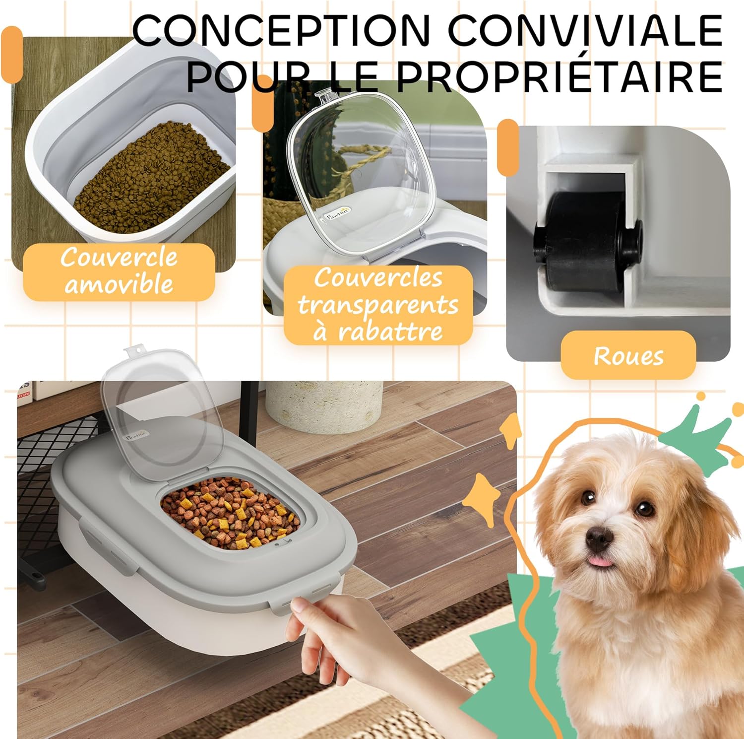 Detalle de PawHut conteneur à croquettes pliable 25L plié 5L, hermétique sur roulettes (gris)