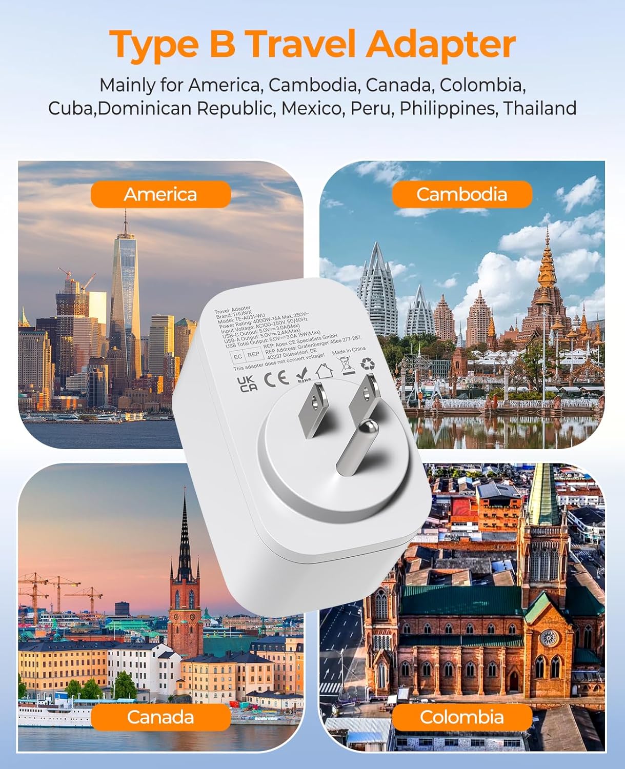 Thumbnail 3 de Adaptateur Prise USA 4 en 1 – USB-C et USB-A, voyage France vers USA/Canada avec protection et charge rapide
