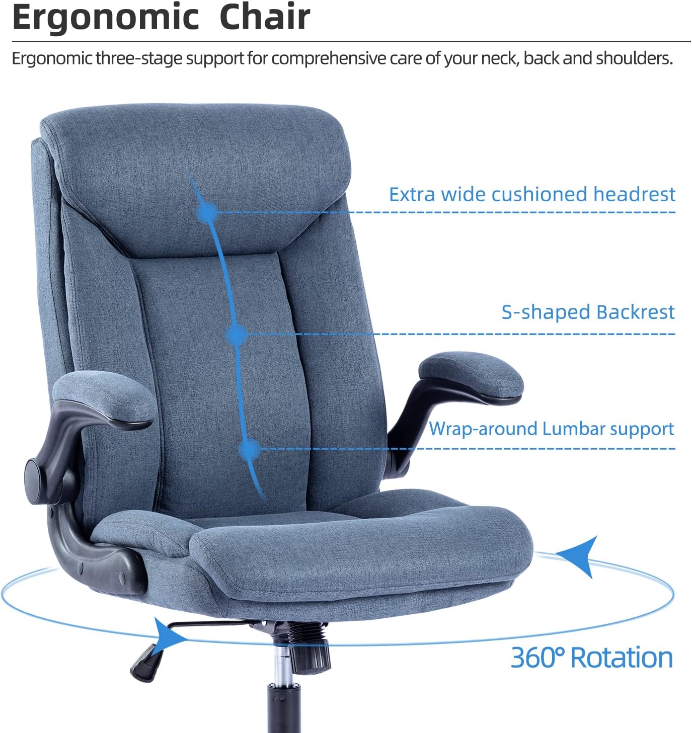 Thumbnail 4 de MZLEE Fabric Office Chair for Home Office – Ergonomic, 150kg, Flip-up Arms with Lumbar Support