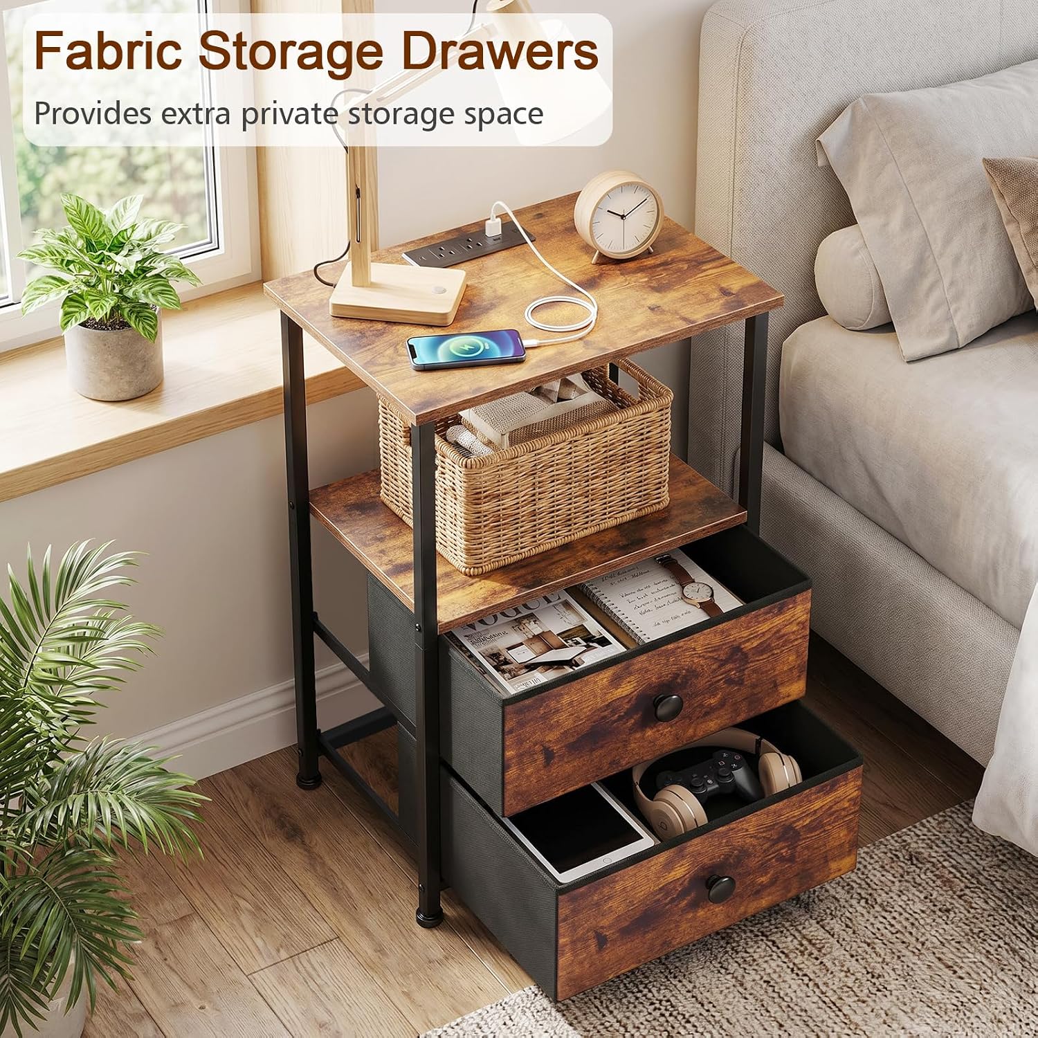Thumbnail 4 de LOAKEKEL Night Stand Set of 2 with Charging Station, 2 Fabric Drawers and Storage Shelves
