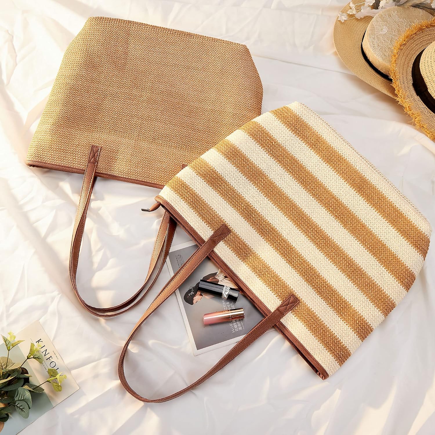 Thumbnail 3 de KALIDI Straw Tote Beach Bag: Striped Shoulder Handbag with PU Leather Handles