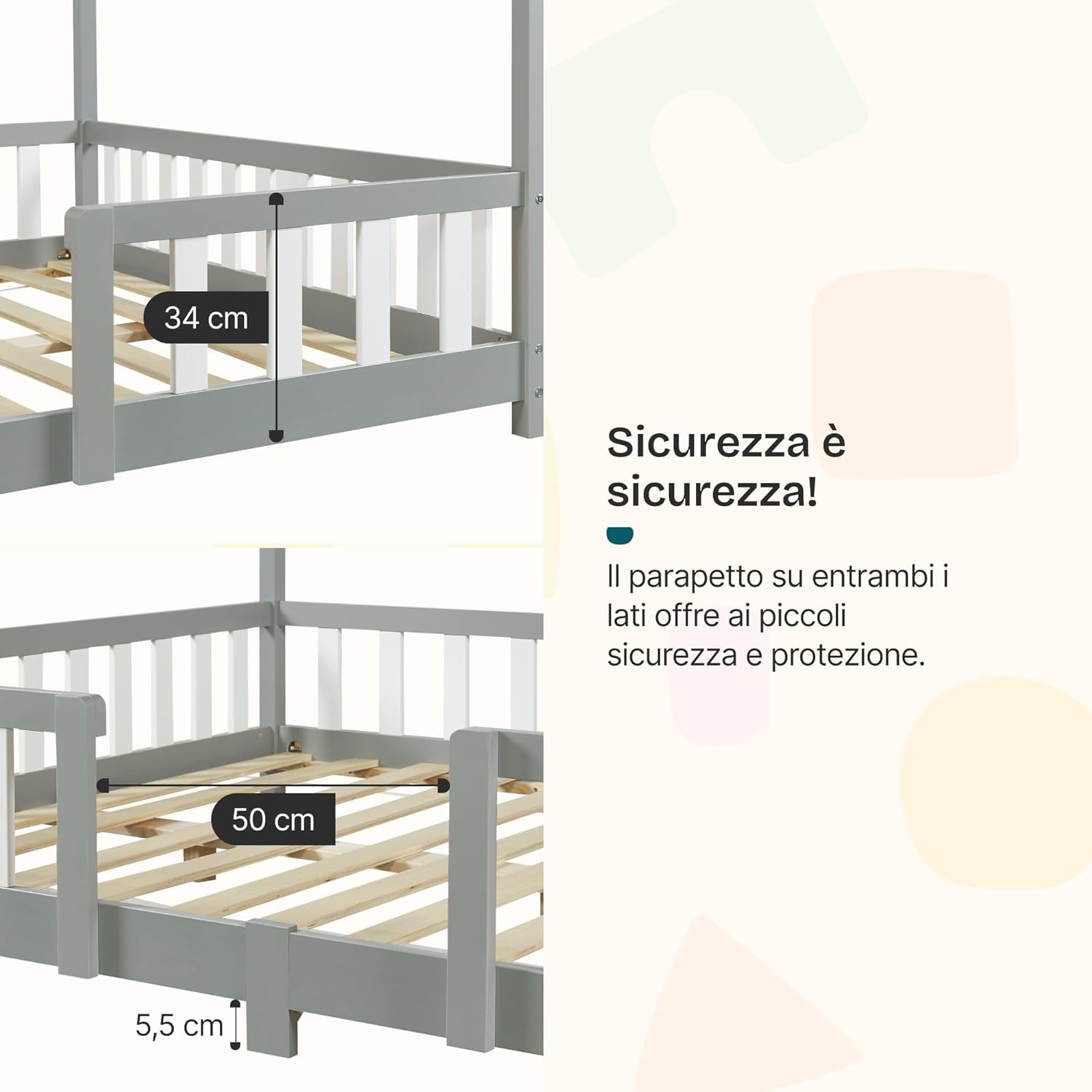 Thumbnail 3 de Letto per Cameretta a Forma di Casetta con Barriera di Protezione in Legno di Pino, 140 x 200 cm – Grigio Chiaro/Bianco