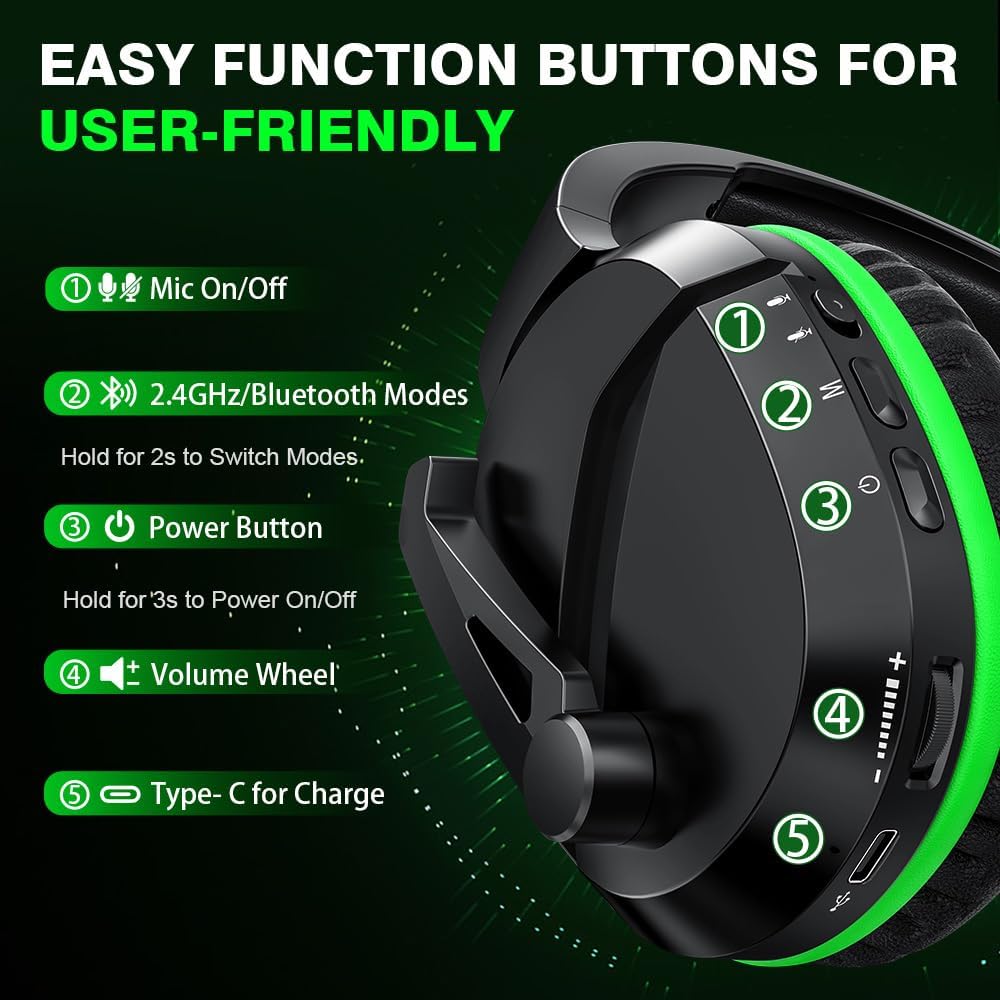 Thumbnail 6 de WolfLawS Wireless Gaming Headset: 2.4GHz + Bluetooth, 60H Battery, Noise-Canceling Mic for Xbox, PS5, PC, Mac, Switch