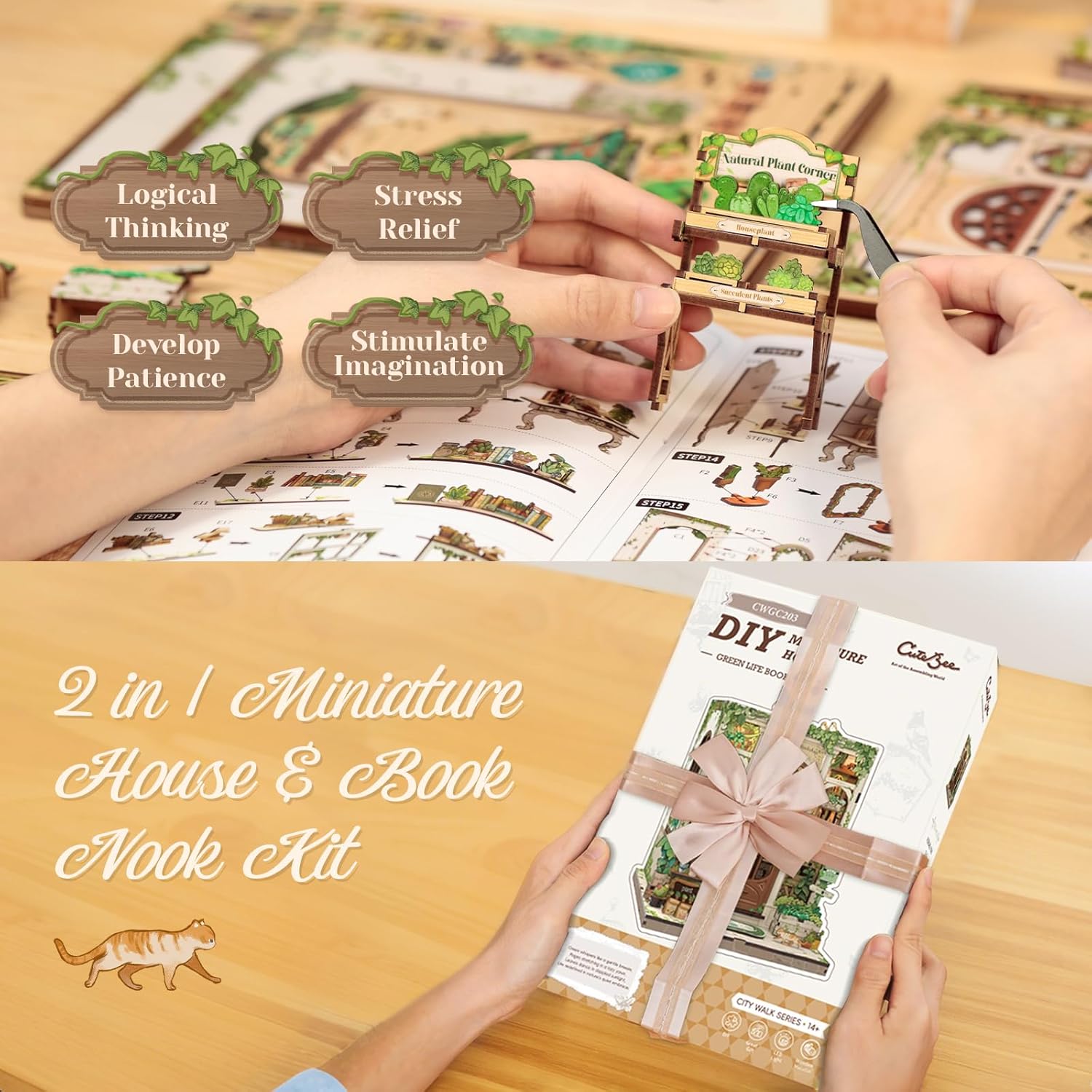 Detalle de CUTEBEE Book Nook Kit - DIY Miniature House Dollhouse Kit (Green Life Bookshop)
