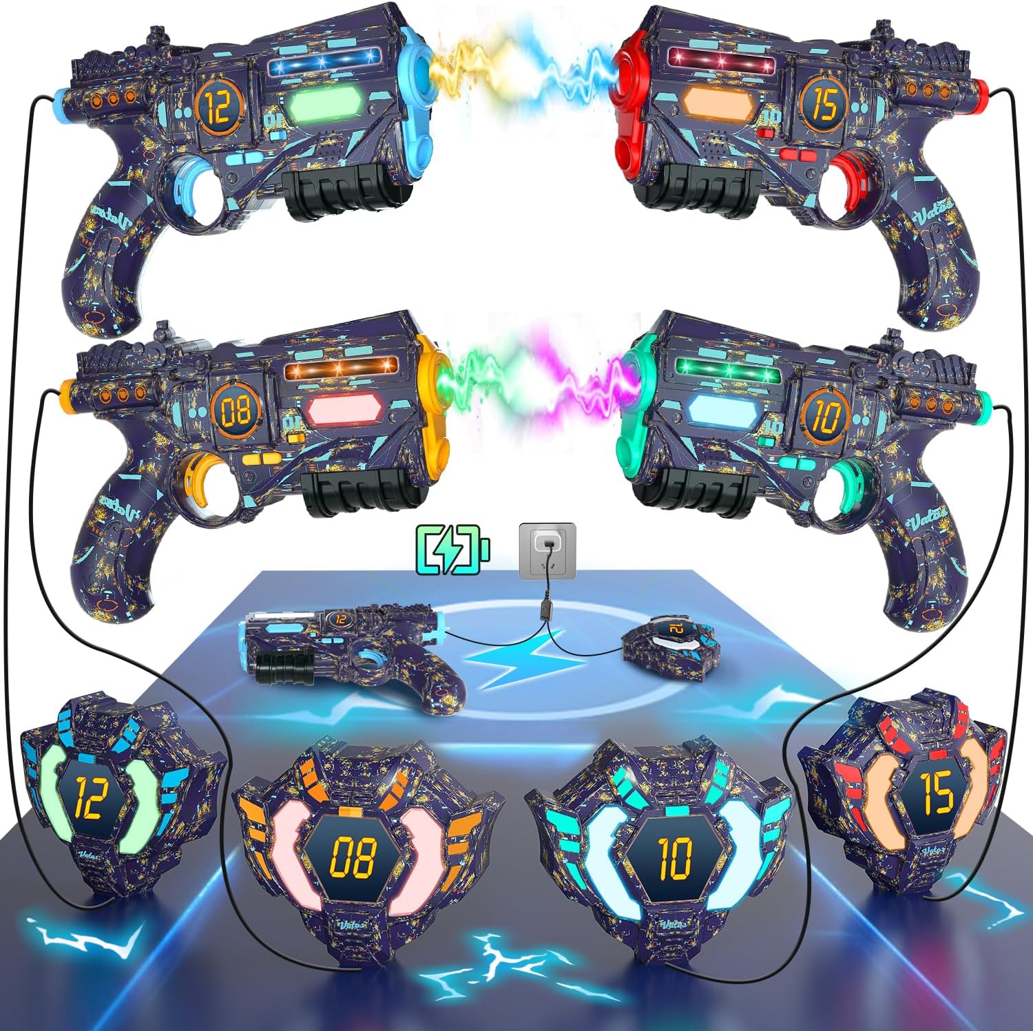 Detalle de VATOS Sync-4 oplaadbare lasergame-set met 4 pistolen en 4 vesten