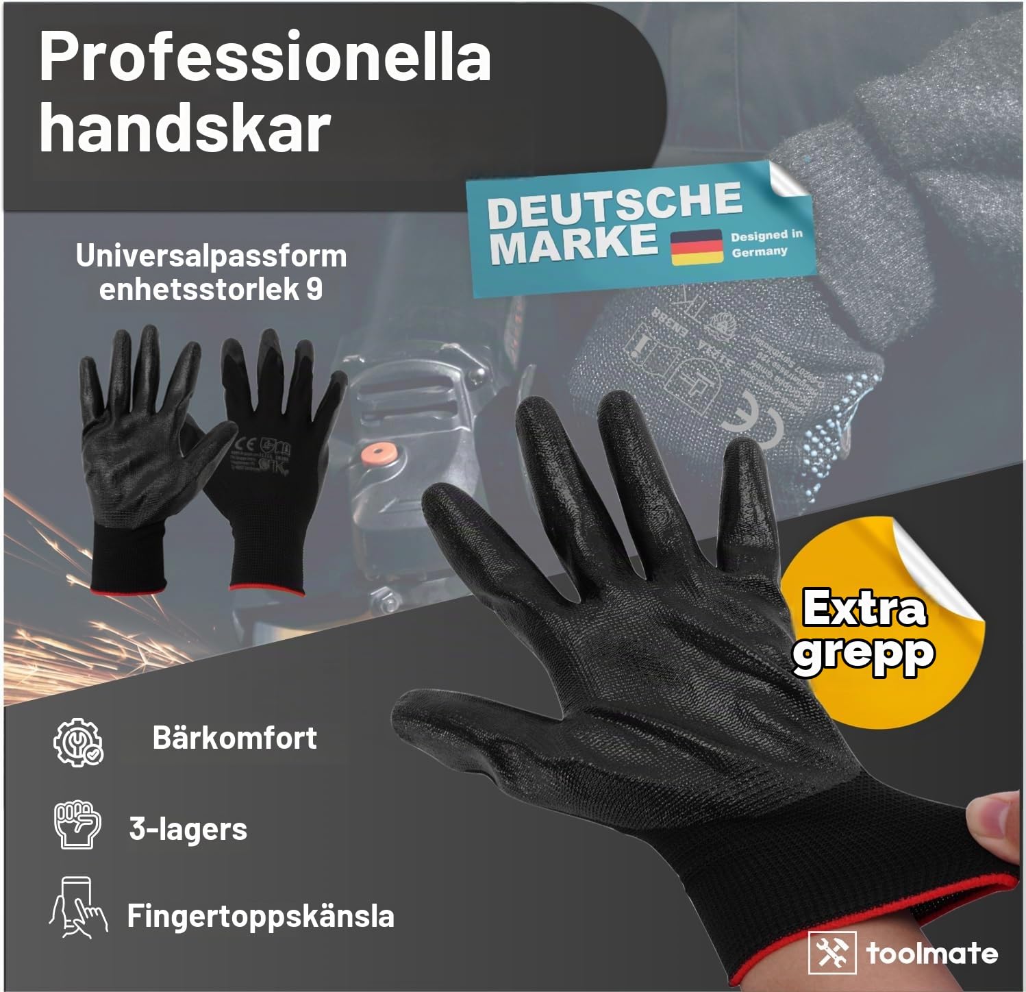 Detalle de TK Gruppe Timo Klingler Power Grip EN388 arbetshandskar, 10 par, svarta