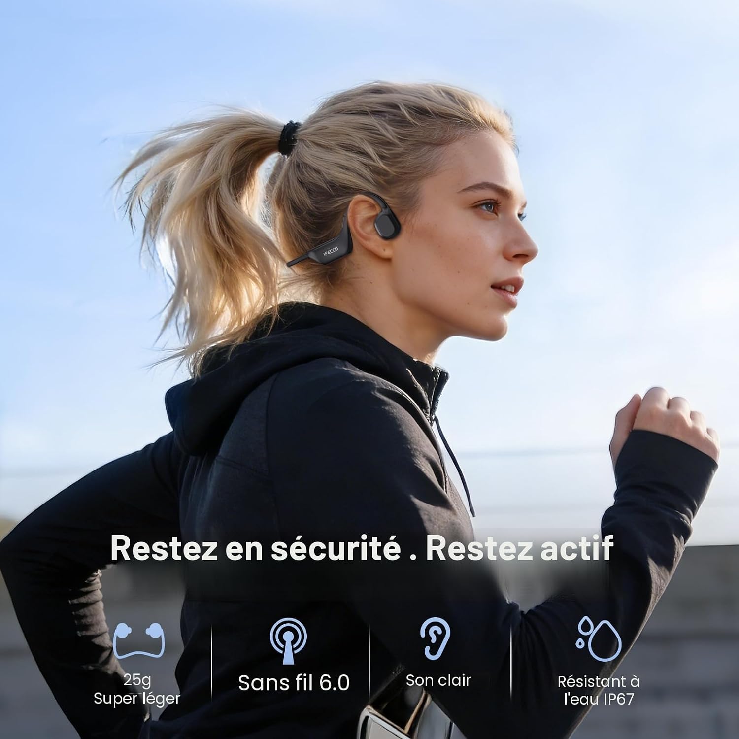 Detalle 2 de IFECCO Casque Conduction Osseuse Bluetooth 6.0 IP67 — Écouteurs Open Ear pour Course, Cyclisme et Fitness
