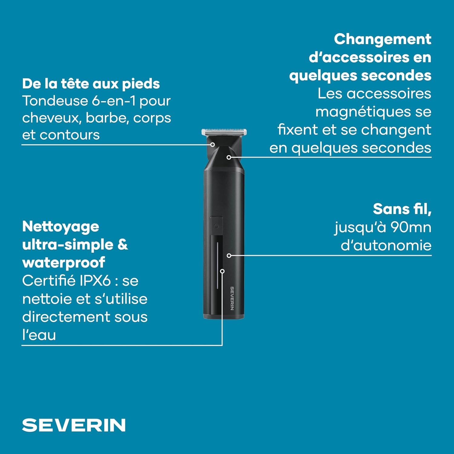 Detalle 2 de SEVERIN HS 0710 – Tondeuse sans fil 6 en 1 cheveux, barbe et finitions, autonomie jusqu’à 90 minutes