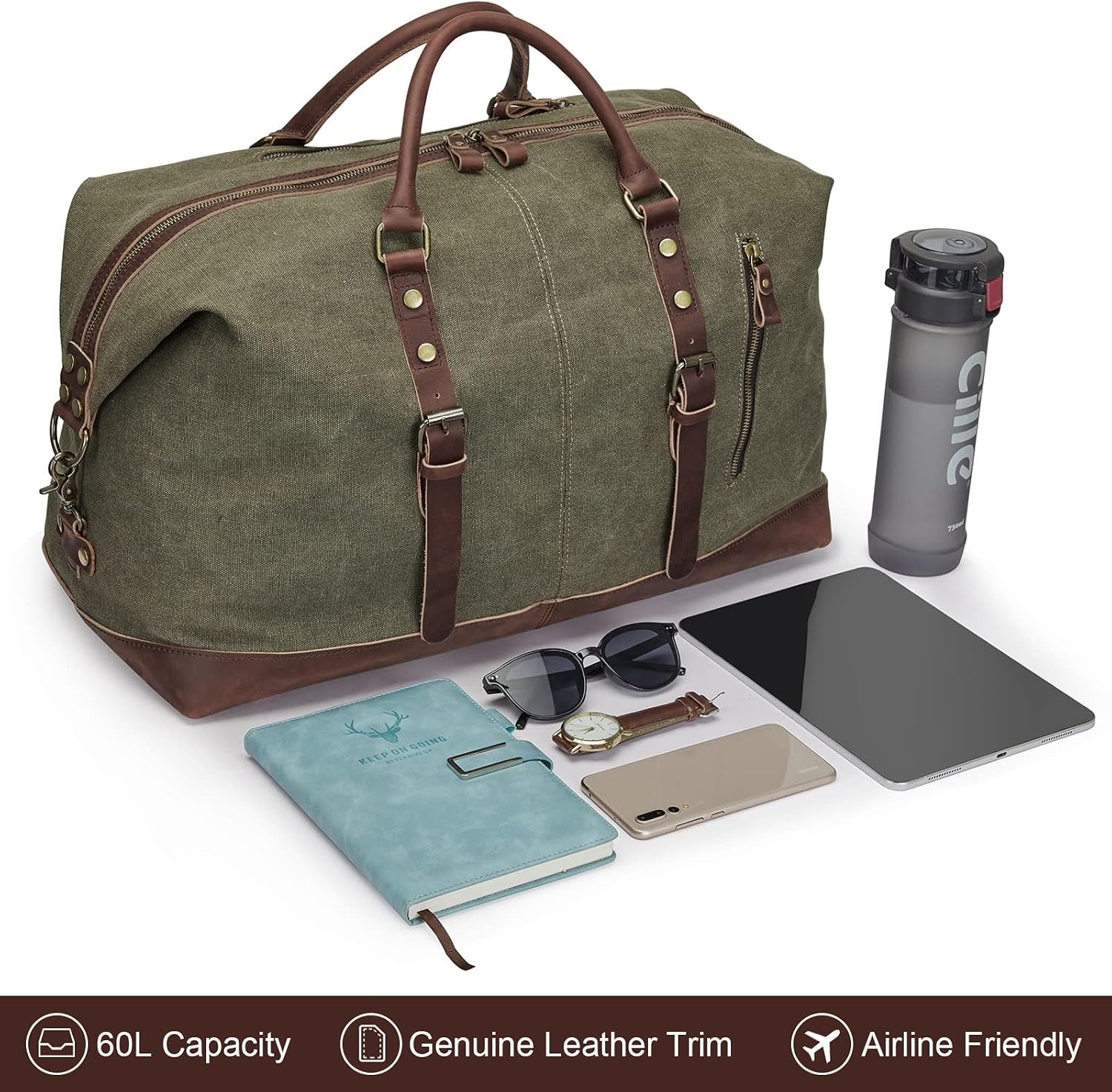 Thumbnail 2 de S-ZONE Reisetasche 60L Vintage Canvas Crazy Horse Leder-Trim Weekender (Unisex)