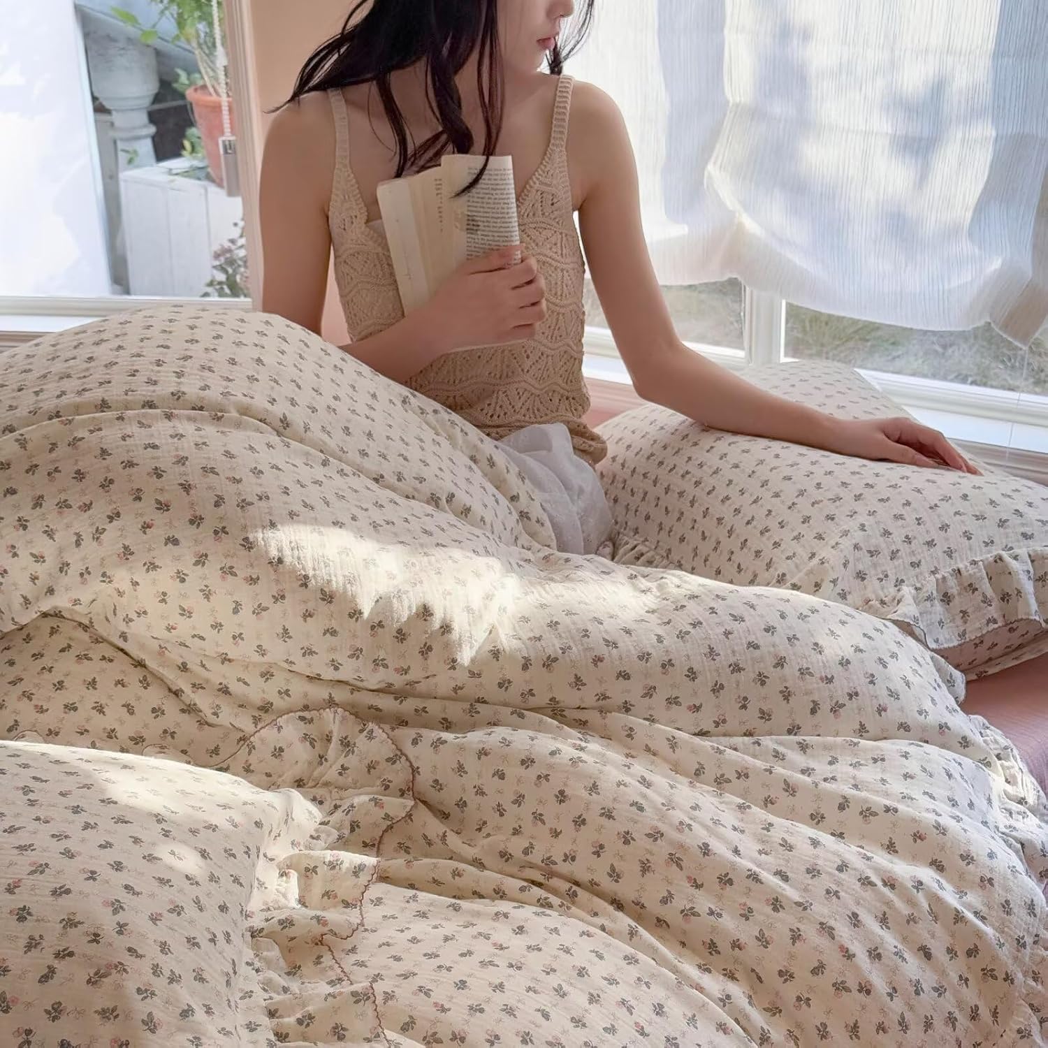 Detalle de BuLuTu BLT-KID-ST-BL-T Twin Muslin Cotton Duvet Cover Set, Floral Print