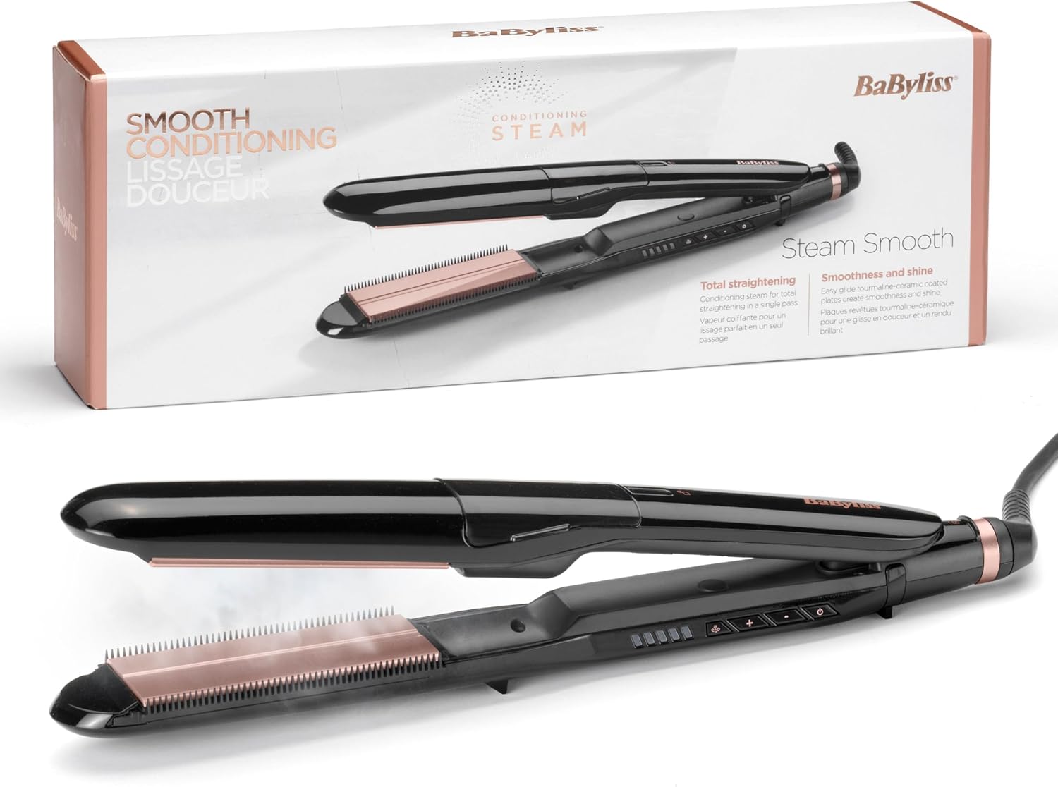 Detalle de BaByliss ST493E Steam Smooth – parowa prostownica z ceramicznymi płytkami XL 39 mm