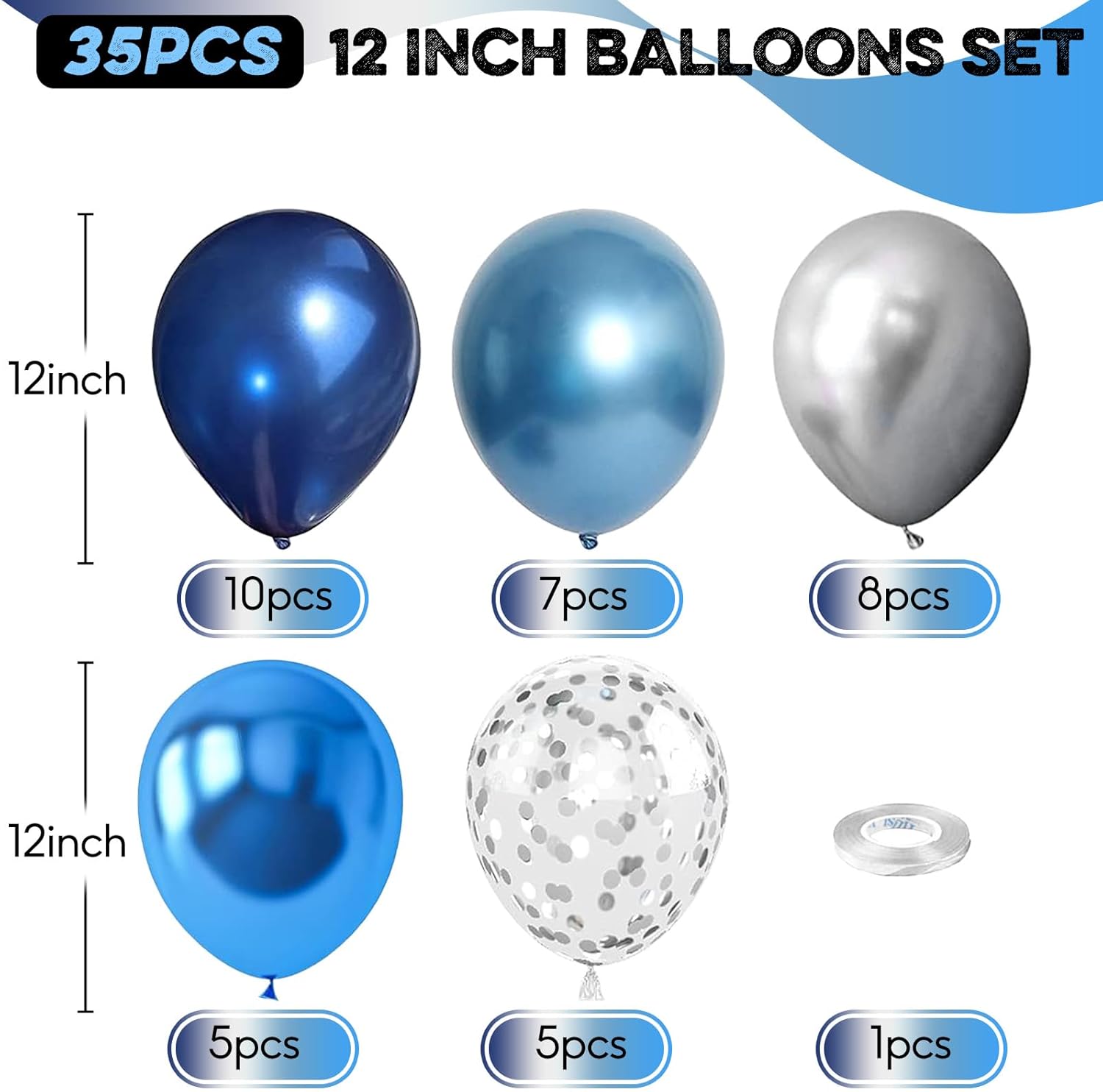 Thumbnail 1 de Blue Silver Balloons Set, 12 Inch: Blue & Silver Latex Balloons with Confetti – 35-Piece Variety
